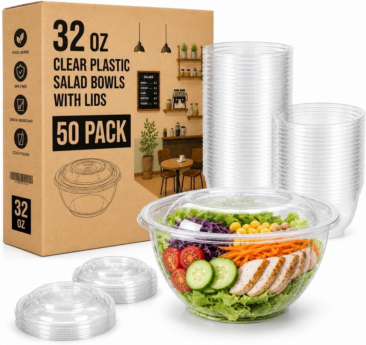 50PCS 32oz Disposable Salad Bowls with Lids, To-Go Lunch Bowls, Medium Takeout Bowls with Secure Snap Lids for Fruit Salad, Meal Prep, Quinoa, Acai Bowls & Party Use