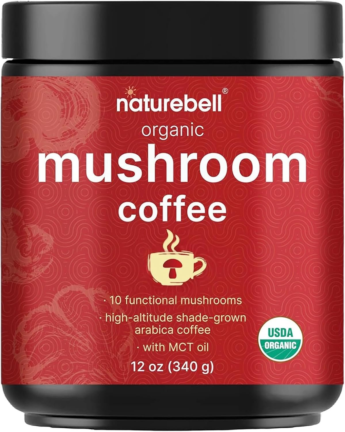 NatureBell Organic Mushroom Coffee – 12 oz – Superfood Blend for Energy Support – Brain & Immune Health Support* – Includes Lion’s Mane, Shiitake, MCT Oil, Arabica Beans & More