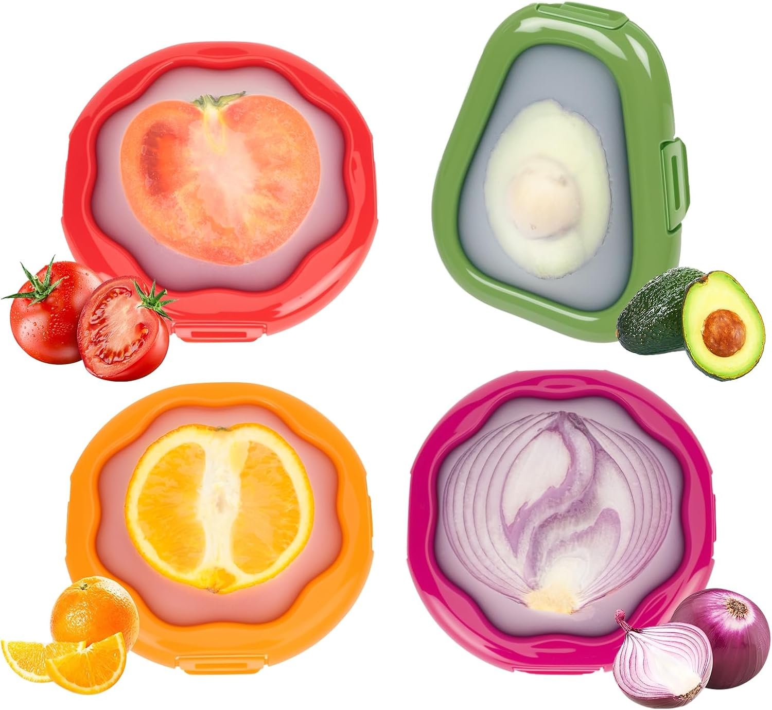 TQRR Avocado Saver and Onion Container-Set of 4 Reusable Silicone Fruit and Vegetable Storage Containers for fridge, Ideal for Apple, Tomatoes, Lemons, Orange and Potatoes