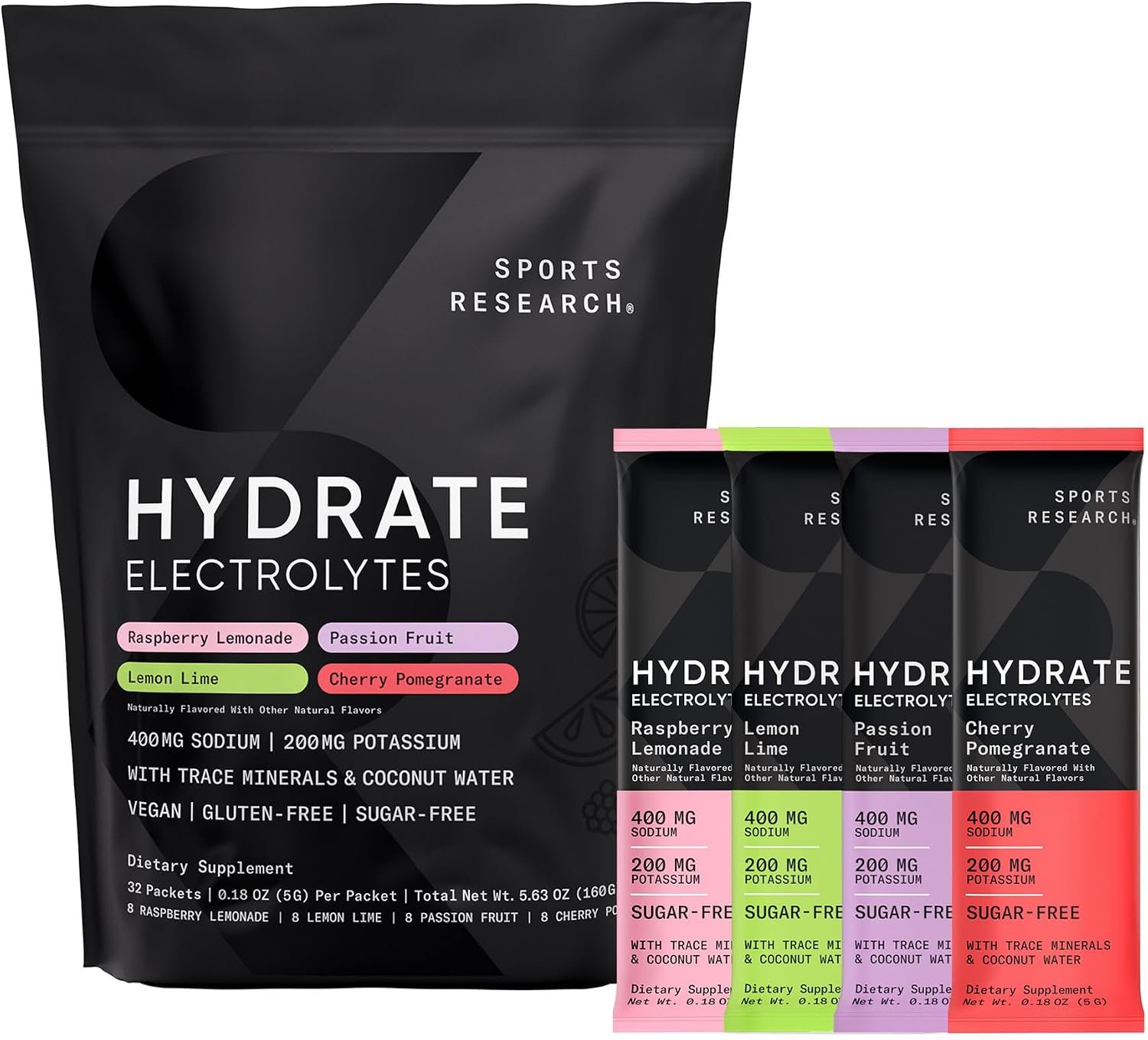 Sports Research® Hydrate Electrolytes Powder Packets – Sugar-Free & Naturally Flavored with Vitamins, Minerals, and Coconut Water – Supports Hydration – 32 Packets – Variety Pack