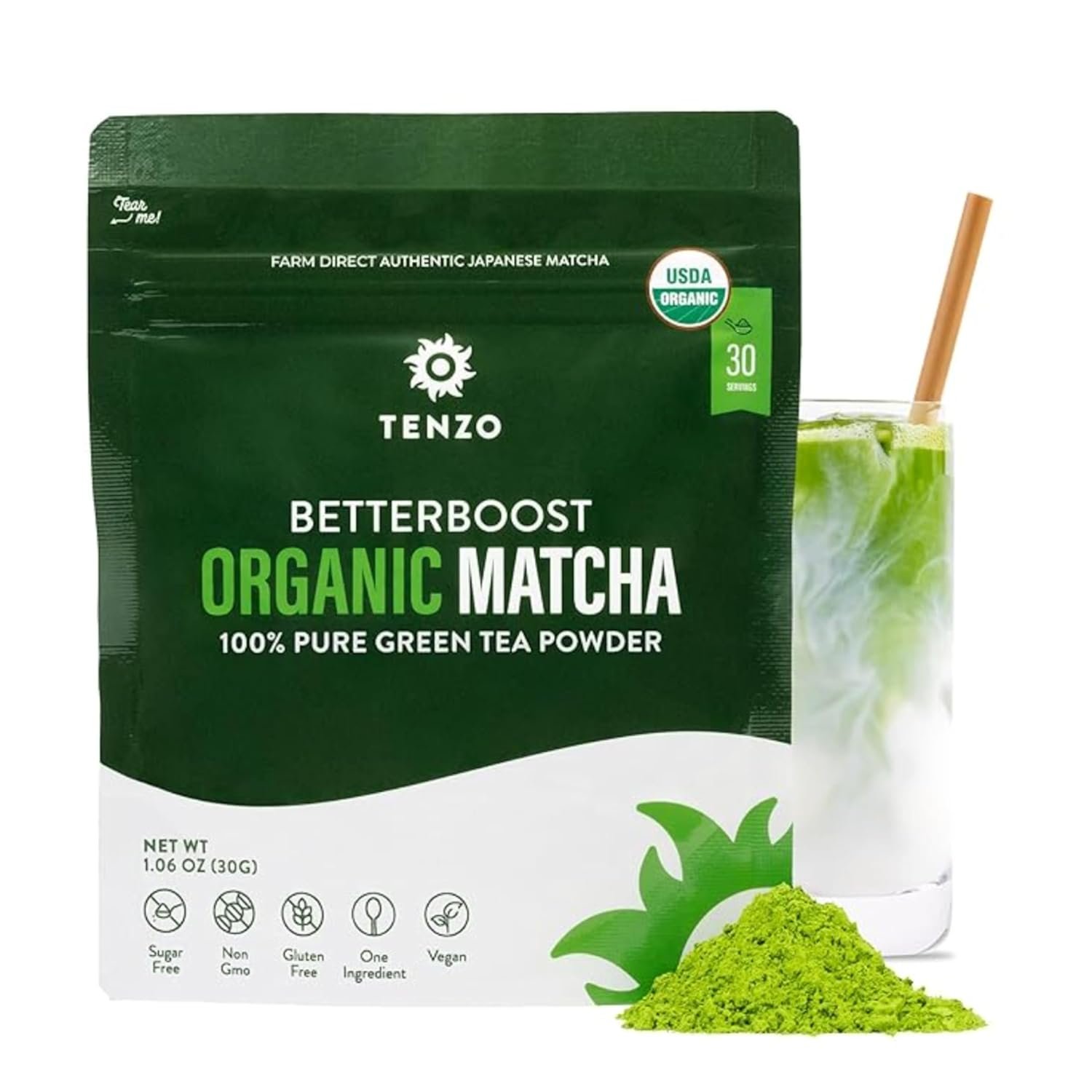 Tenzo Matcha Green Tea Powder – USDA Organic Premium Grade – Authentic Japanese Matcha Tea – Latte Powder – BetterBoost (1.06 Ounce)