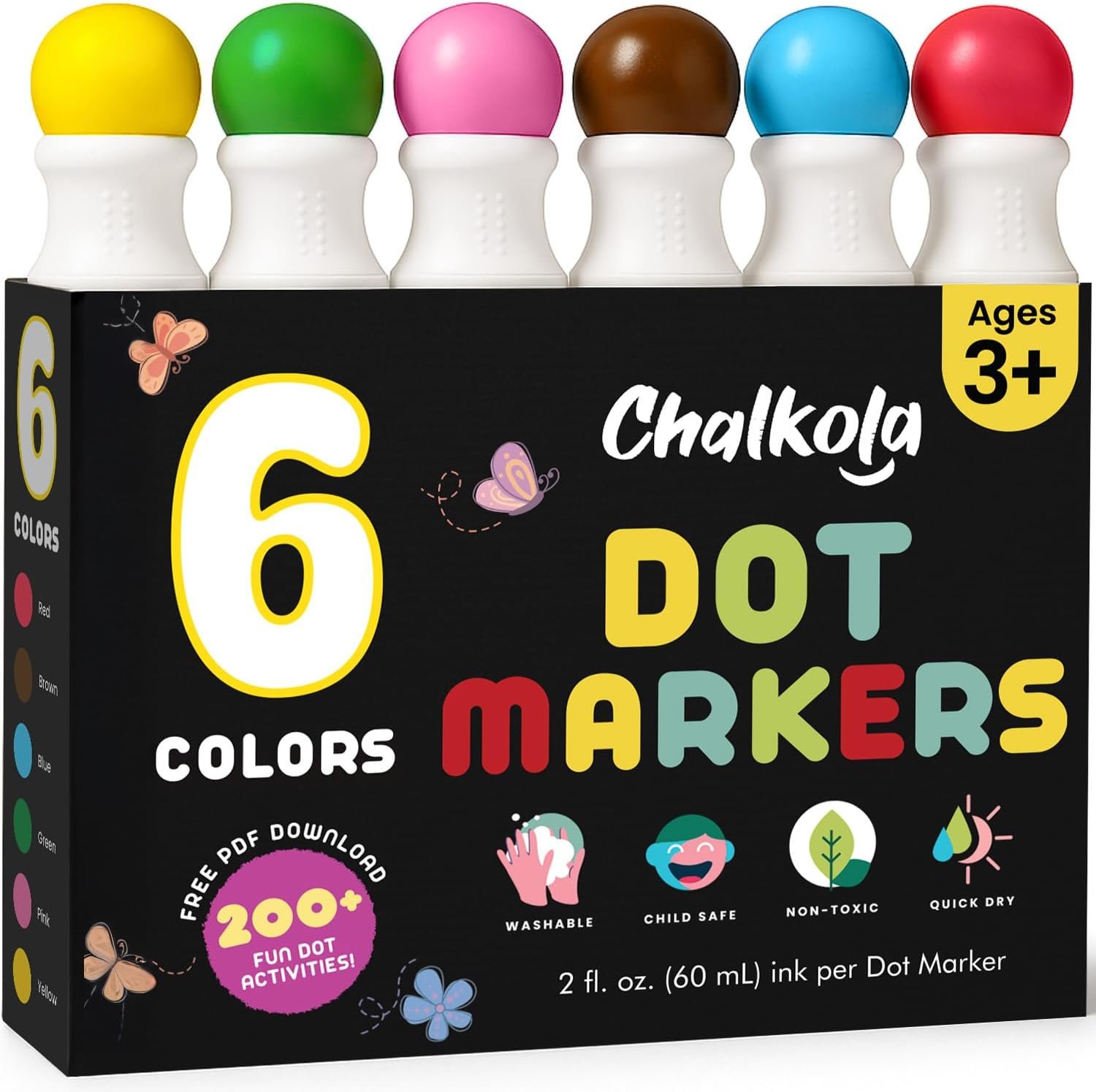 Chalkola 6 Washable Dot Markers for Toddlers 1-3 | Non Toxic Bingo Daubers for Toddlers 2-4 | Preschool, Kindergarten Paint Stamp Markers Set – Dot Art and Crafts Supplies for Kids