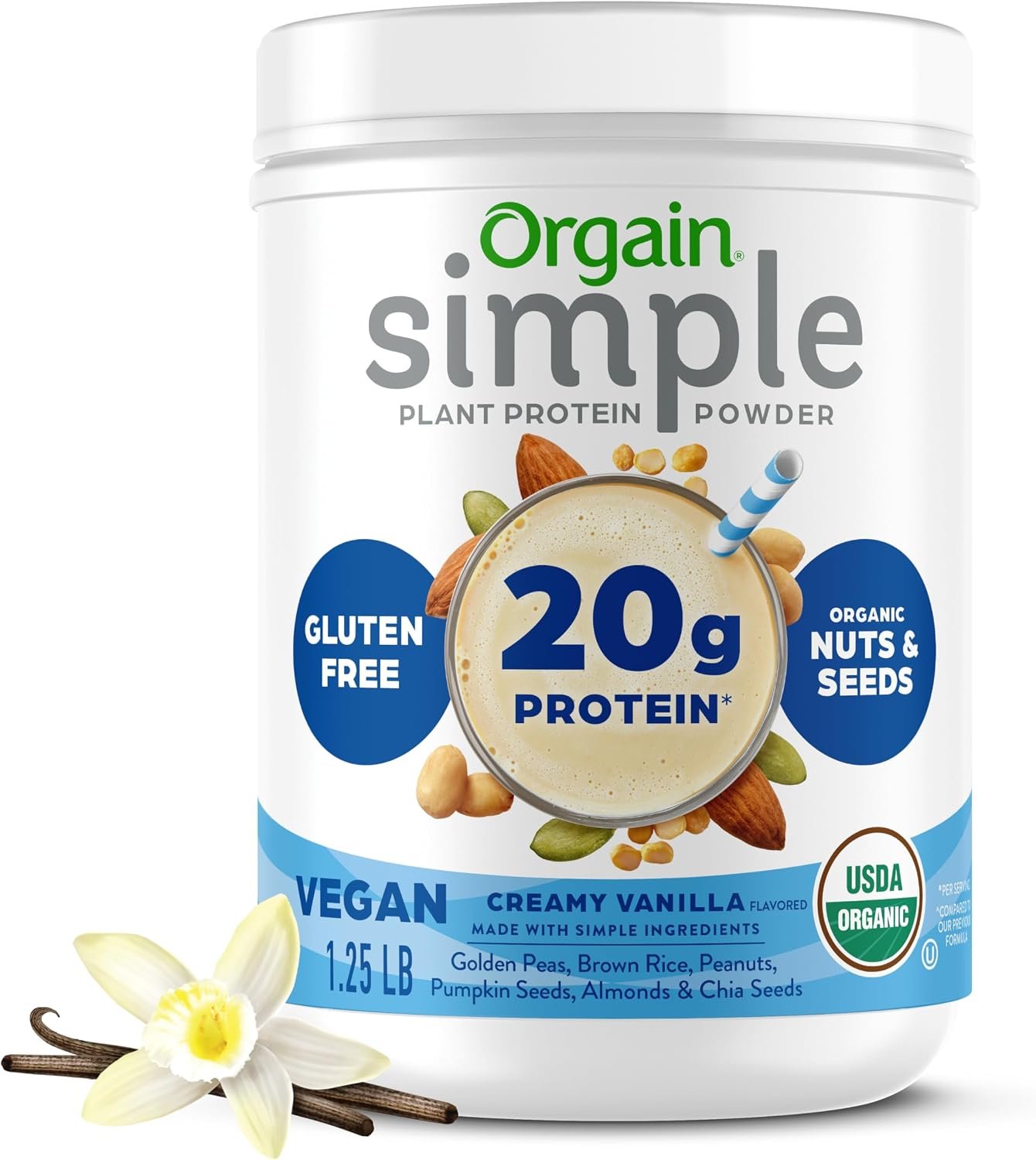 Orgain Organic Simple Vegan Protein Powder, Vanilla – 20g Plant Based Protein, Made with less Ingredients, No Artificial Sweeteners, Gluten Free, No Dairy or Lactose, 1.25 lb (Packaging May Vary)