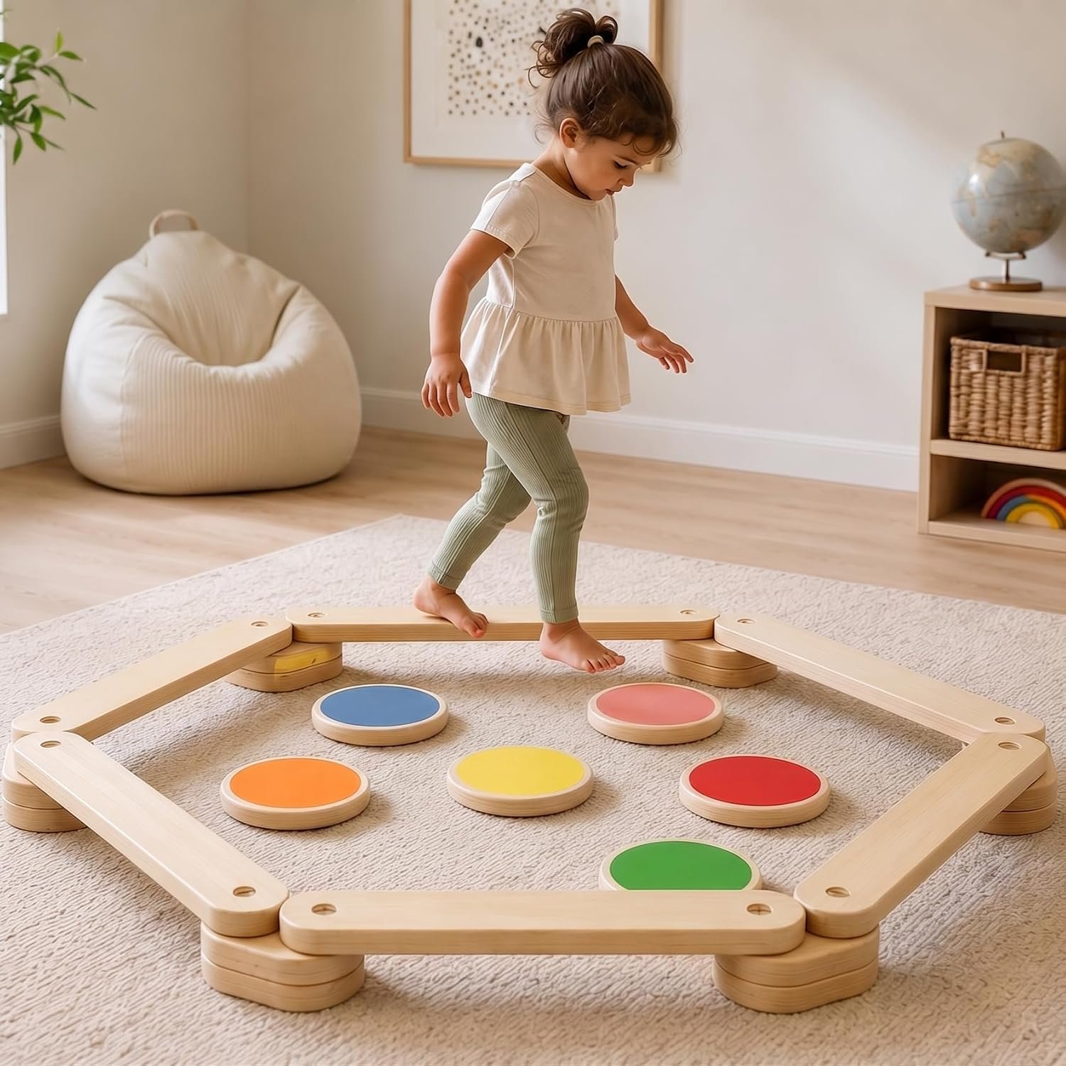 Avenlur Majesty Balance Beam for Kids, Toddler Stepping Stones Set | 6 Birchwood Beams, 6 Connectors, 5 Stepping Stones for Montessori Waldorf Obstacle Play, Ages 2-8