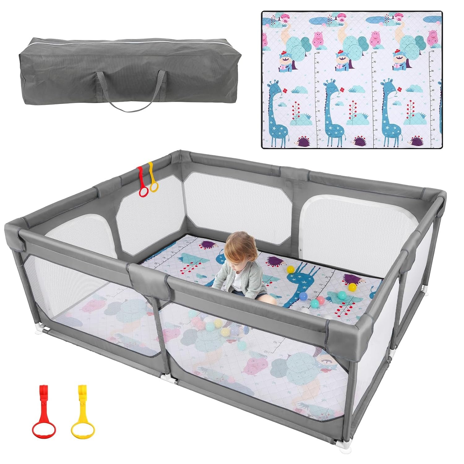JINXIA Baby Playpen with Mat 75″*59″, Large Play Pen for Babies and Toddlers with Soft Breathable Mesh, Climb-Proof Anti-Fall Baby Playpen, Sturdy Safety Play Yard for Indoor Outdoor Fun, Grey