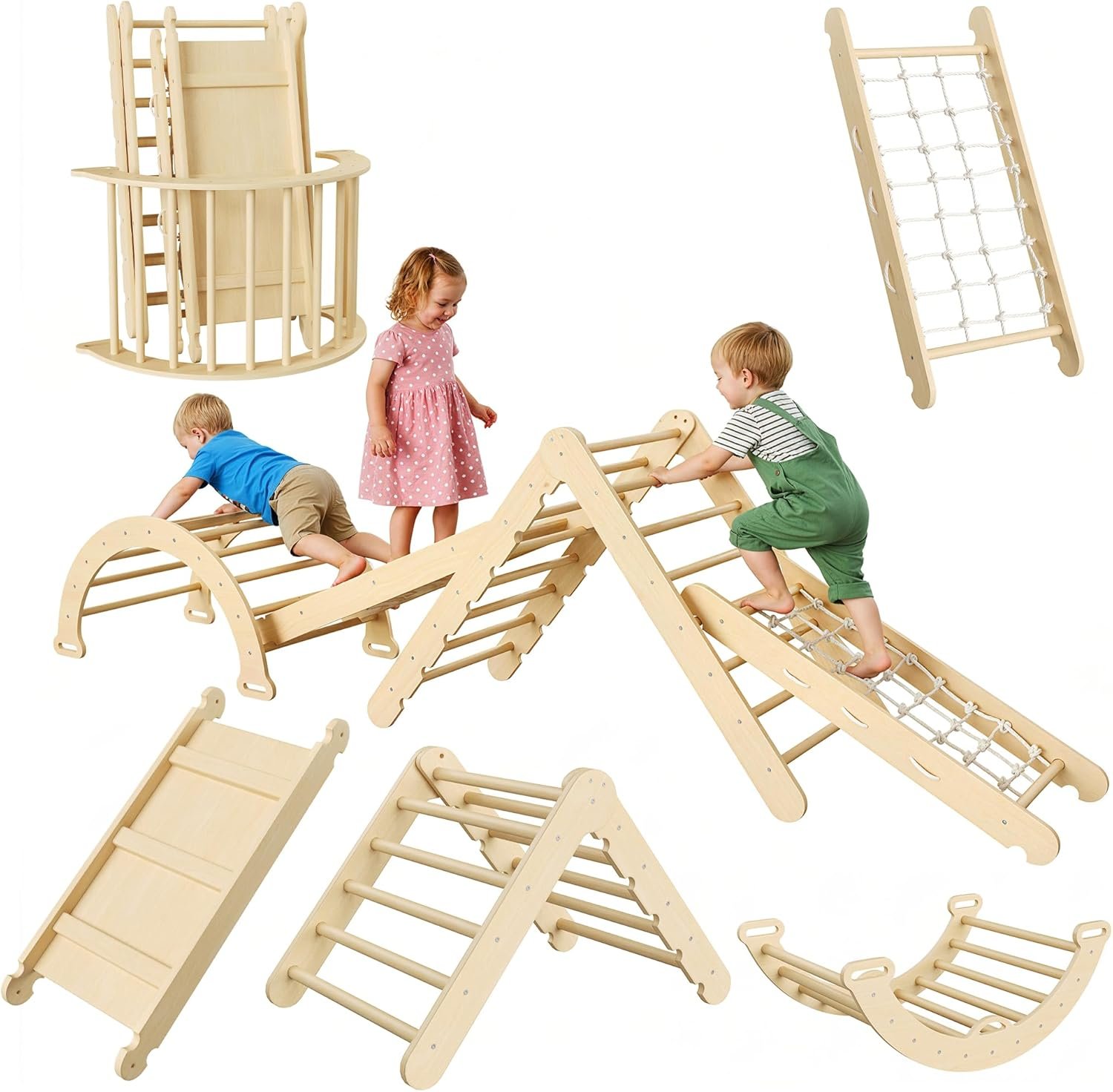 8-in-1 Pikler Triangle Set Foldable Baby Climbing Toys Wooden Climbing Set with Arch&Ramp&Ladder Baby Climber Indoor Jungle Gyms for Toddlers Toys, Birthday for Kids