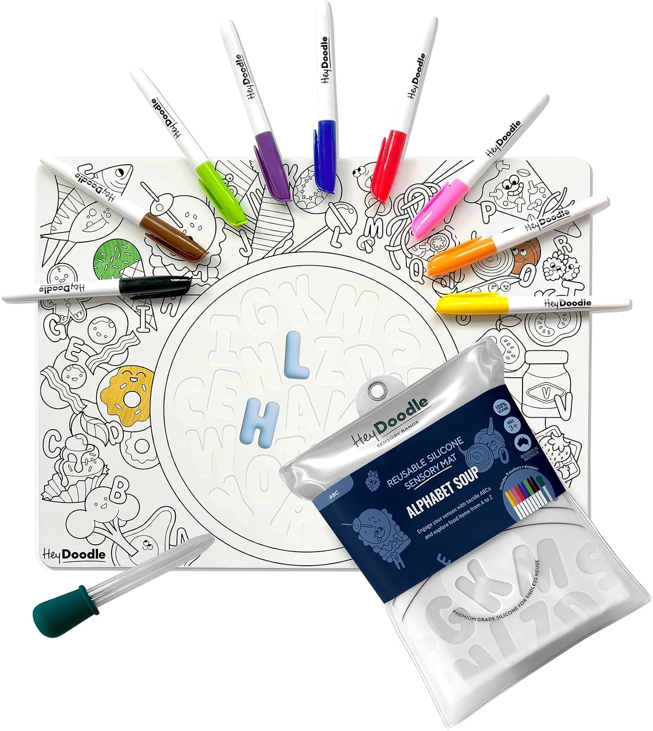 HeyDoodle Alphabet Soup Sensory Mat for Kids – Reusable Silicone Coloring Mat with 9 Markers and Water Dropper – Mess-Free Toddler Activity Pad with Educational Themes – Ages 3-7