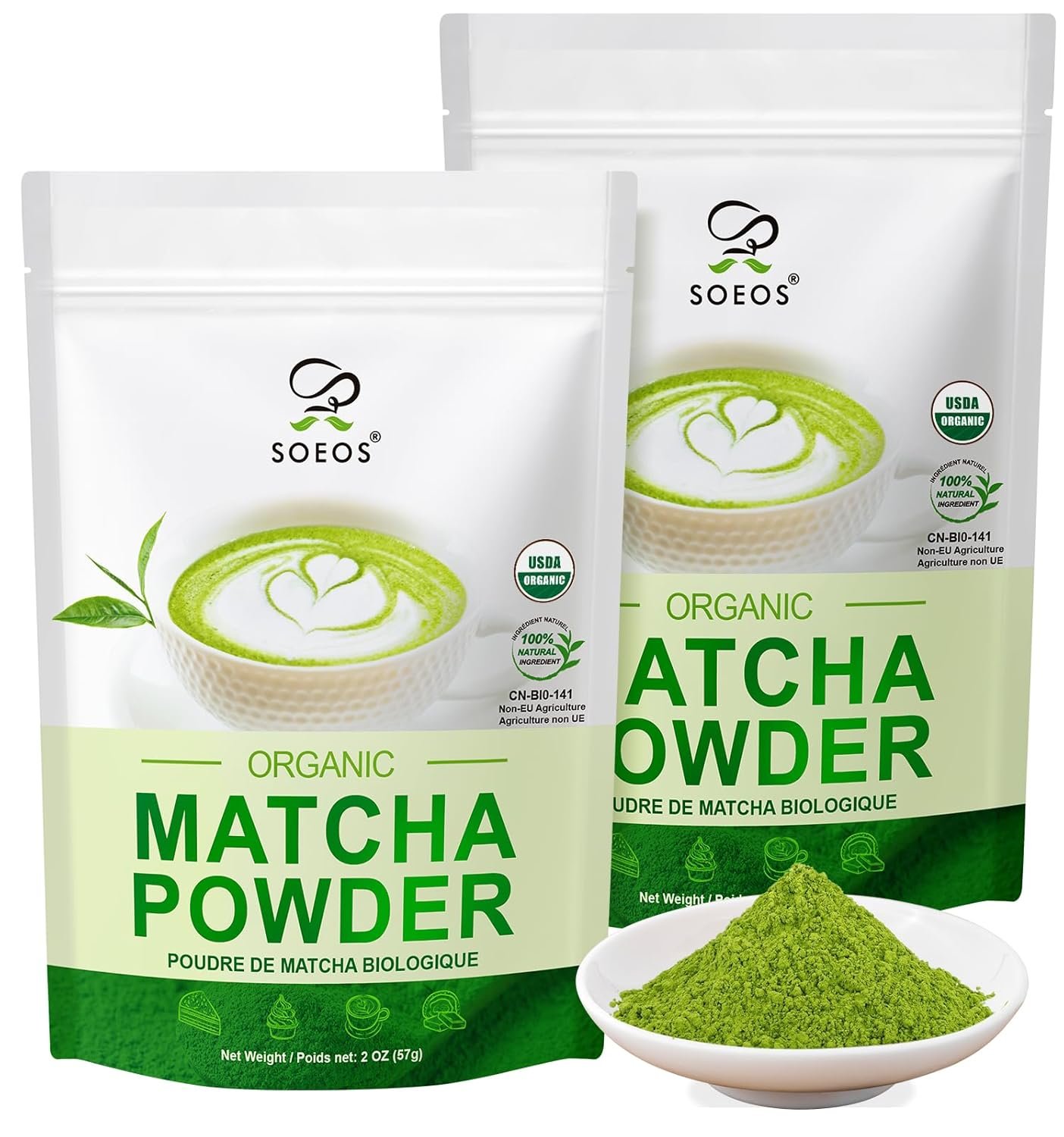 Soeos Organic Matcha Powder, Matcha Green Tea Powder, 2 oz (2 Pack), Total 4 oz, Antioxidant-Rich Matcha Powder for Lattes, Smoothies and Baking, Recyclable Bags