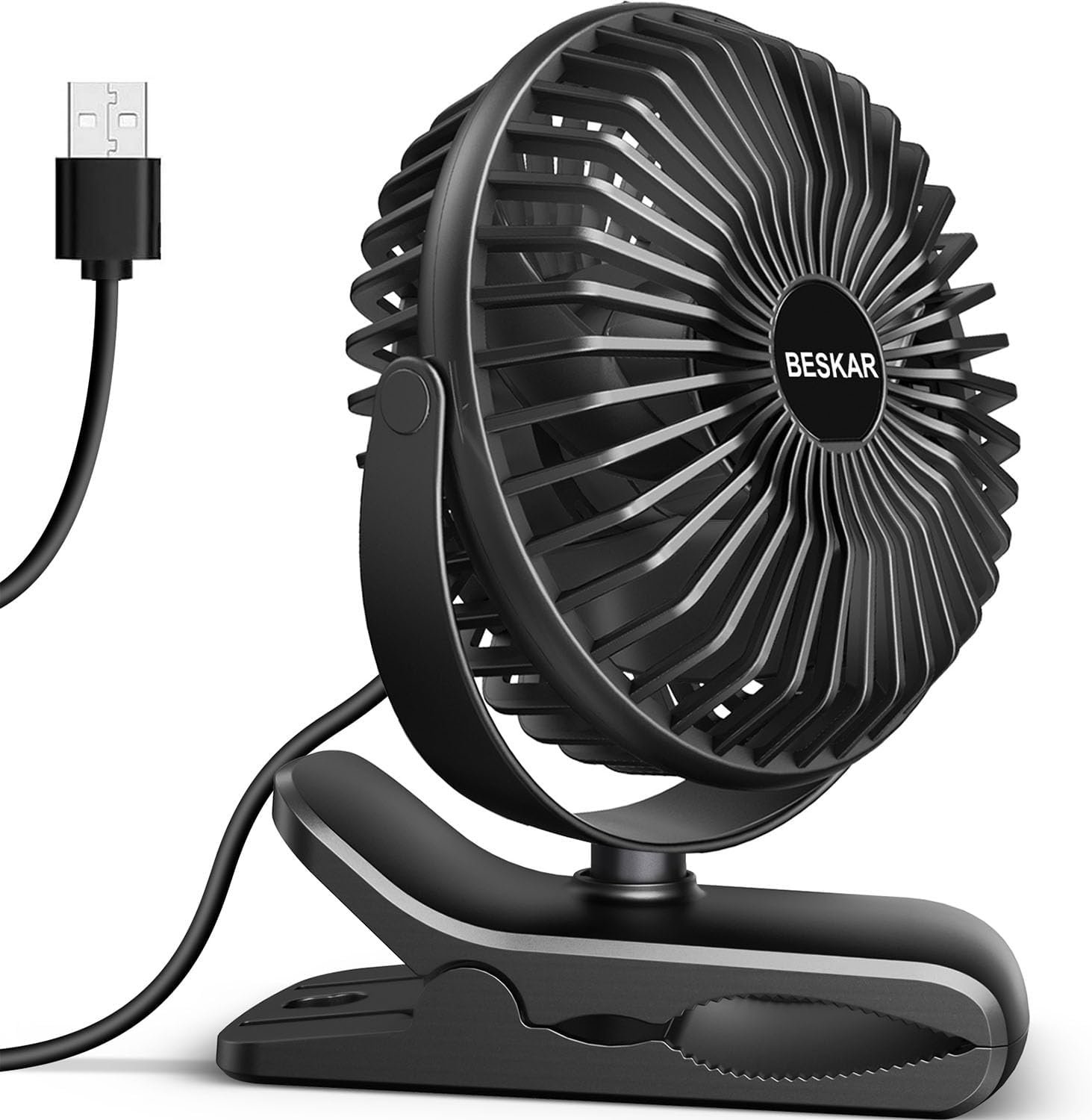 BESKAR Small Clip on Fan, 3 Speeds USB Fans with Strong Airflow, Clip & Desk Fans USB Plug in with Sturdy Clamp – Ultra Quiet operation for Office Dorm Bedroom Stroller