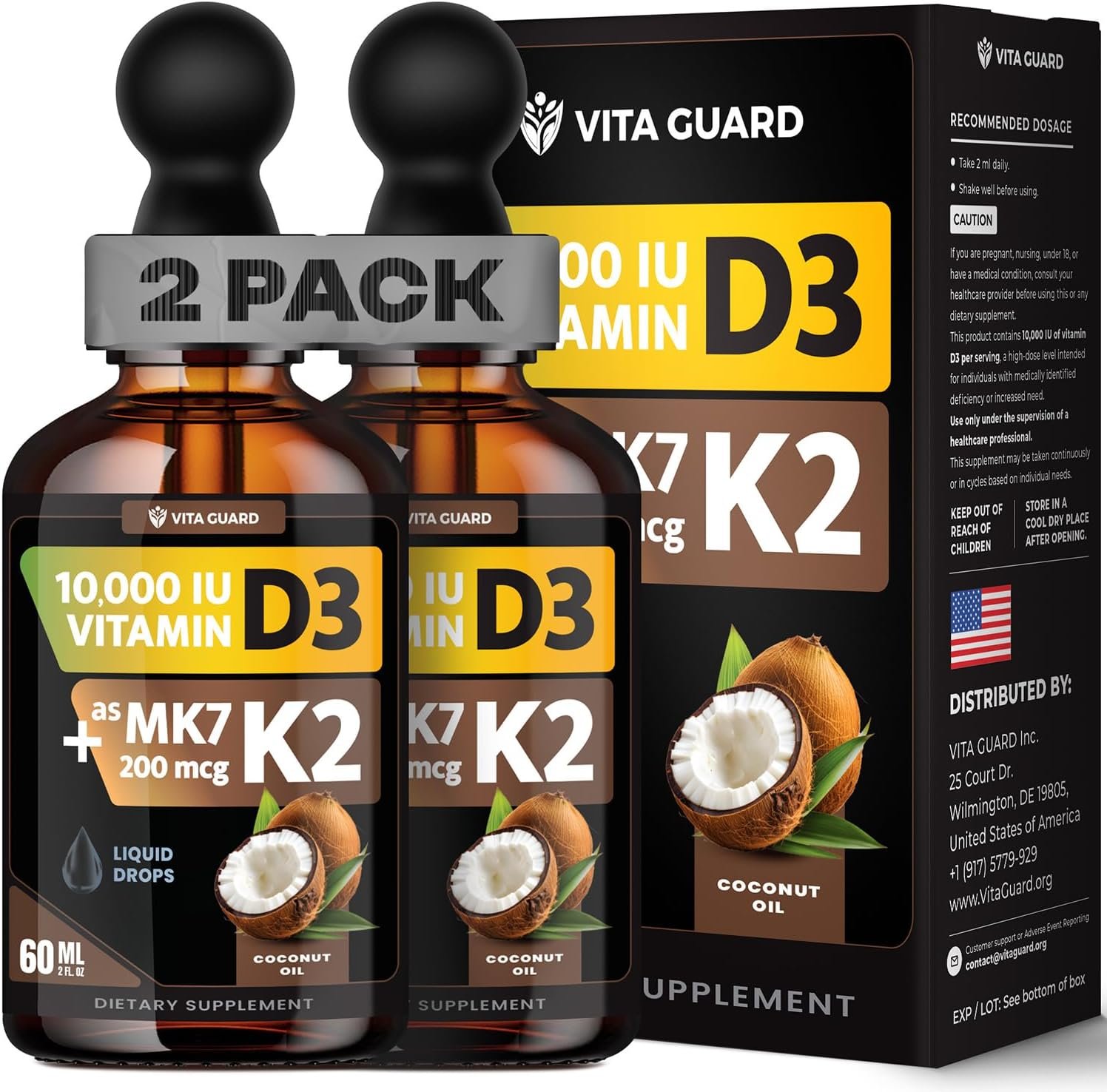 Vita Guard (2 Pack) Vitamin D3 K2 Liquid Drops 10,000 IU + 200 mcg MK-7 – High Absorption, Sugar-Free, Non-GMO, Bone & Immune Booster, Vegan Supplement with Coconut Oil – 60 ml (2 oz)