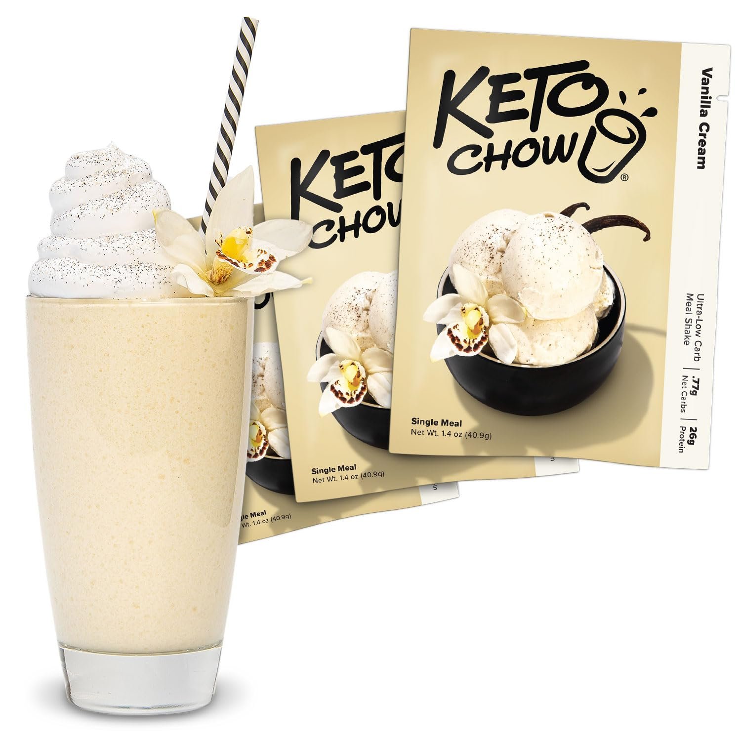 Keto Chow Vanilla Cream Meal Replacement Shake Powder, Nutritionally Complete Low Carb Meal, High Protein Breakfast or Lunch Replacement, Gluten Free, Keeps You Full for Hours, 3 Meals