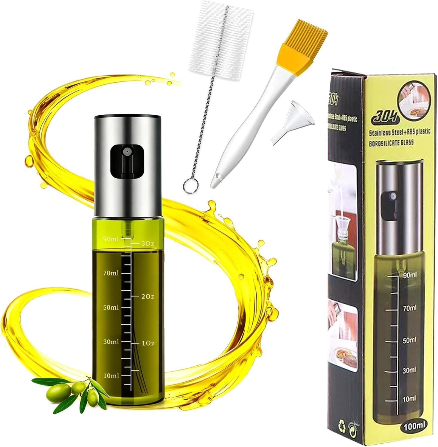 Oil Sprayer for Cooking – Olive & Avocado Oil Spray Bottle, 100ml Food Grade Glass Mister with Adjustable Nozzle for Kitchen Gadgets, Air Fryer, Salad, Frying, BBQ （1PCS）