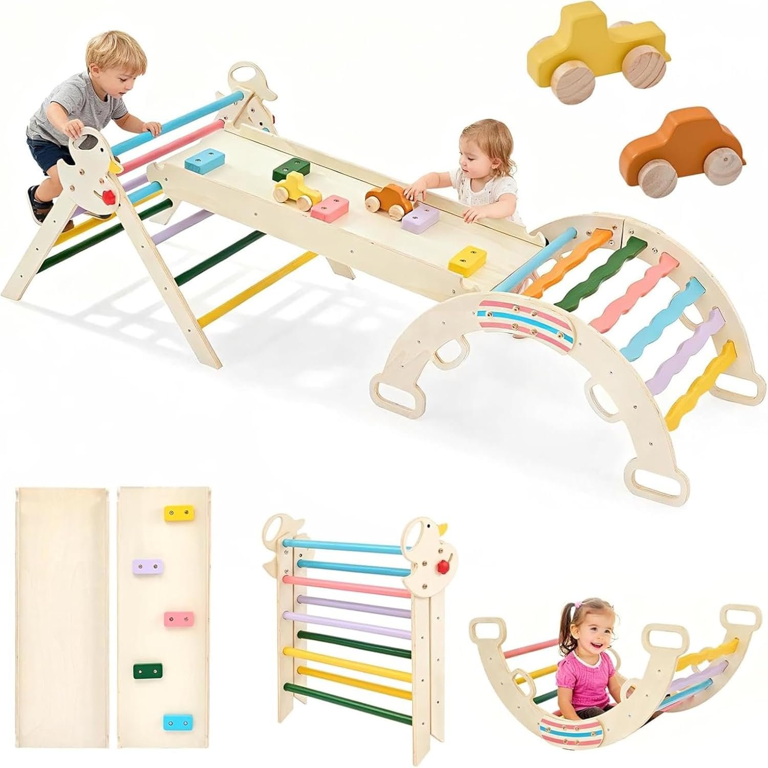 DUMOS 9-in-1 Pikler Triangle Set for Toddlers, Foldable Montessori Climbing Toys Indoor Play Structure, Wooden Jungle Gym with Arch, Ramp and Ladder, Safe Baby Climber, Multicolored