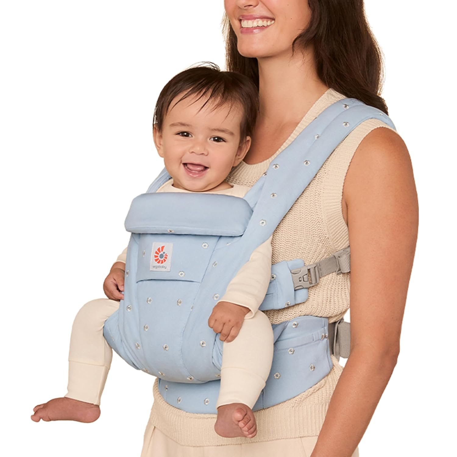 Ergobaby Omni Deluxe Baby Carrier for Newborn to Toddlers 0-48 Months (7-45 lbs) – 4-Position 100% Cotton Baby Carrier with Ergonomic Support, Storage Pockets, and Sun Hood – Serene Blue Flowers