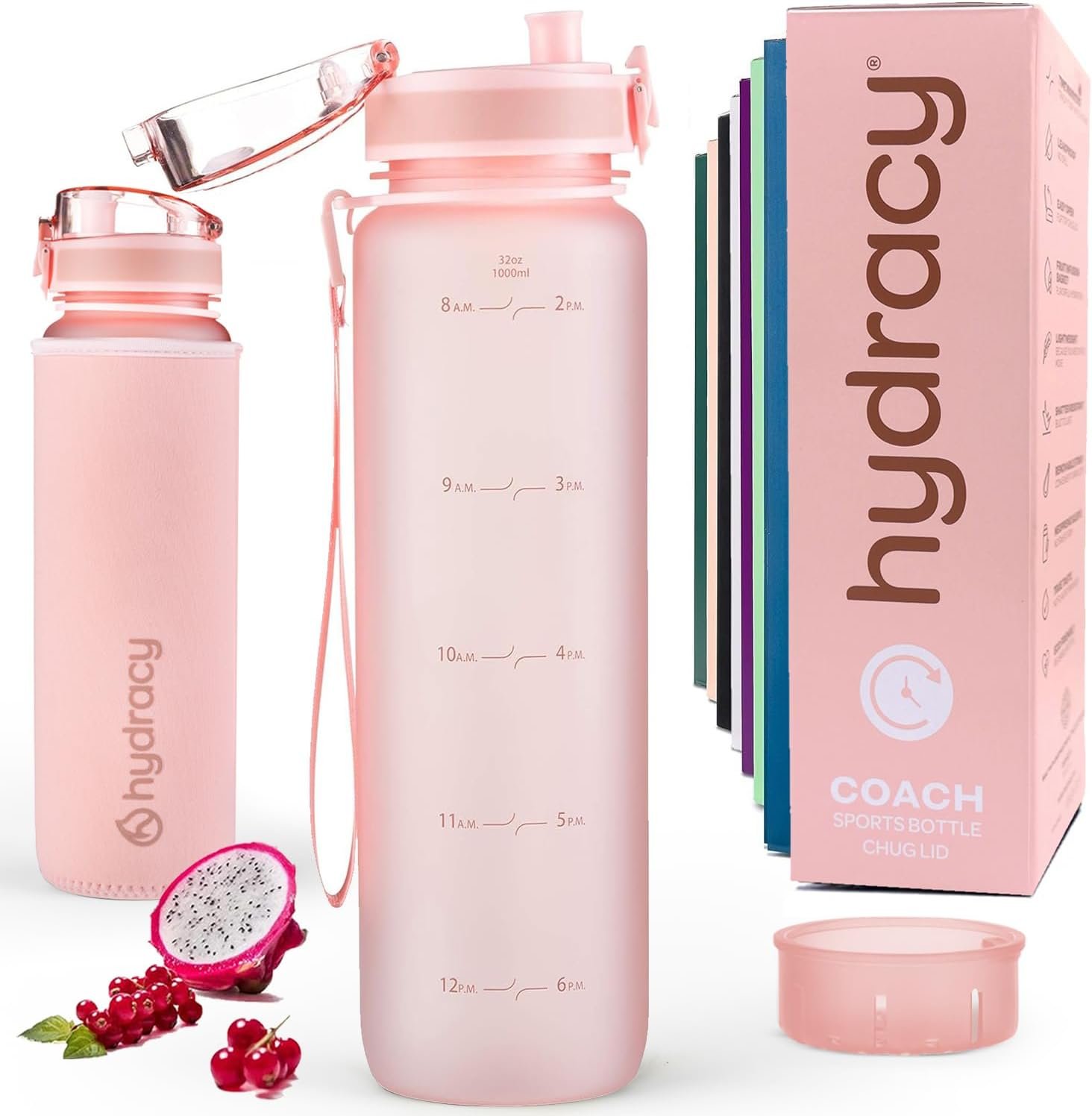 Hydracy Water Bottle with Time Marker -Large 32oz BPA Free & No Sweat Sleeve -Leak Proof Gym Bottle with Fruit Infuser Strainer & Times to Drink -Ideal for Fitness Sports & Outdoors