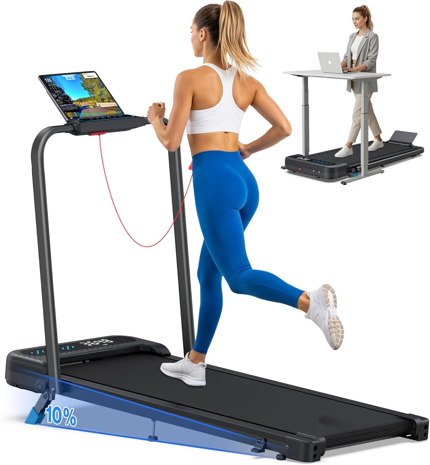 Walking Pad with 10% Incline, 4 in 1 Foldable Walking Pad Treadmills with Handle Bar for Home Small Spaces, 3.0HP Portable Quiet Compact Under Desk Treadmill with Low Noise, Smart APP, LED Display