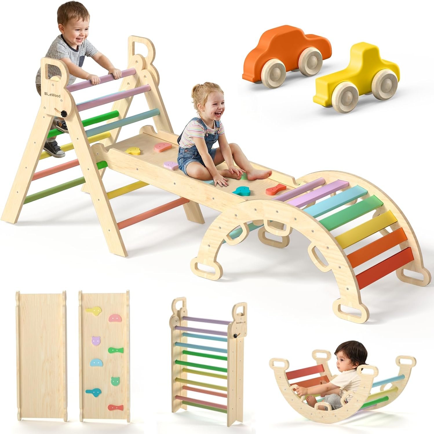 BlueWood Pikler Triangle Set with Safe Handle, Foldable 7-in-1 Montessori Toddler Climbing Toys Indoor, Wooden Pickler Climbing Set, Baby Jungle Gym & Playground, Climbing Toys for 1-3 Year, Rainbow