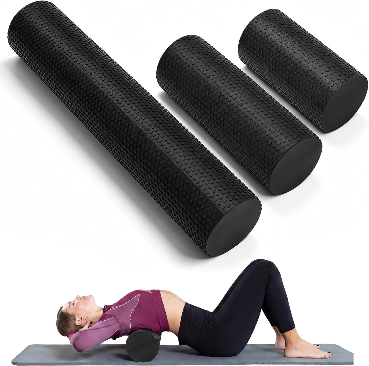 Arrowbash 3 Pack Foam Roller Set Black Full Body Recovery Kit 12”/18”/36” High Density Massager Roller Back Pain Relief Deep Tissue Firm Exercise Equipment for Home Gym Sports Stress Yoga Pilates