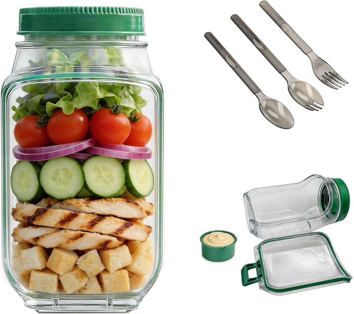 Portable Side Open Salad Jar with Leakproof Dressing Container – Removable Lid Converts to Bowl, Food Grade Reusable, Freezer Dishwasher Safe for Meal Prep Work Travel