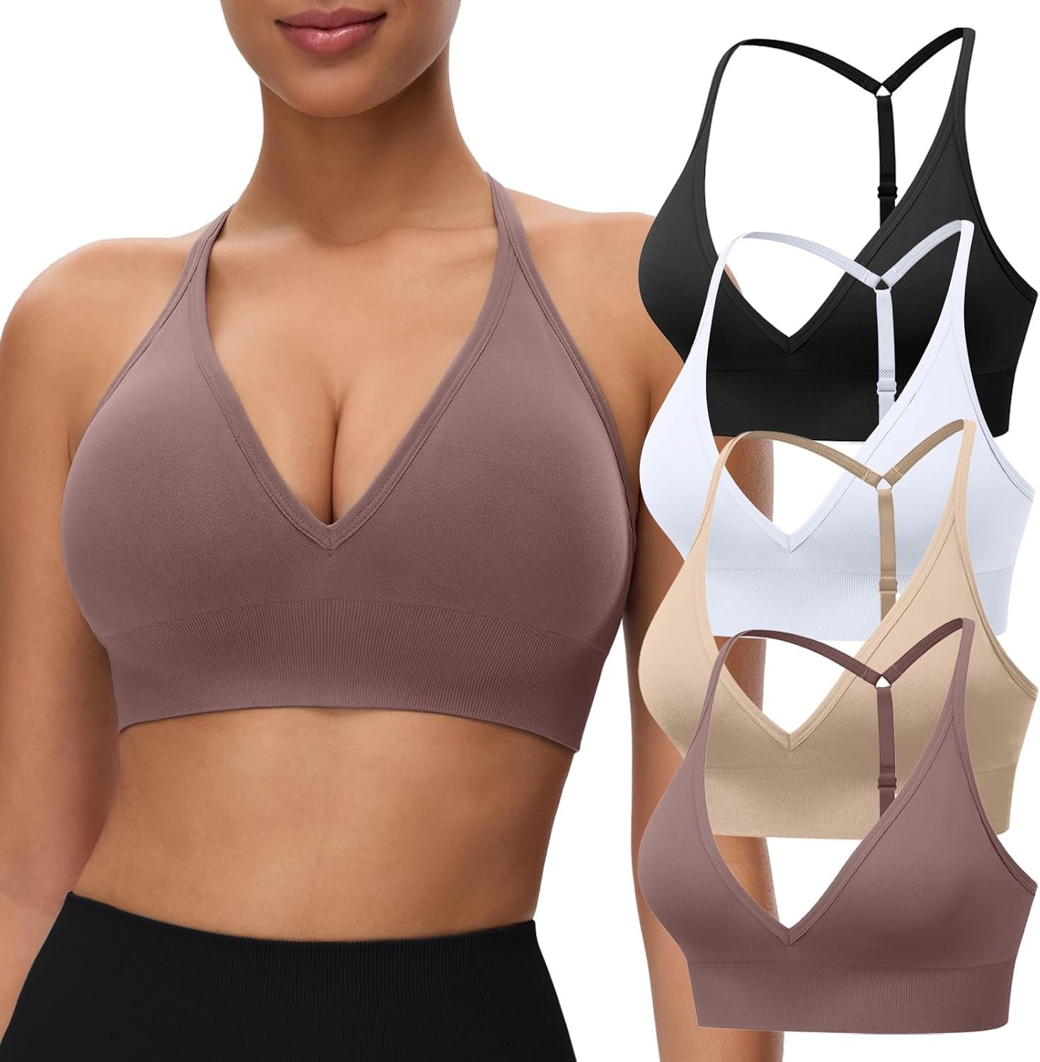 Women’s Sports Bras Deep V Neck Adjustable Y Back Spaghetti Strap Racerback Padded Wireless Yoga Workout Tops