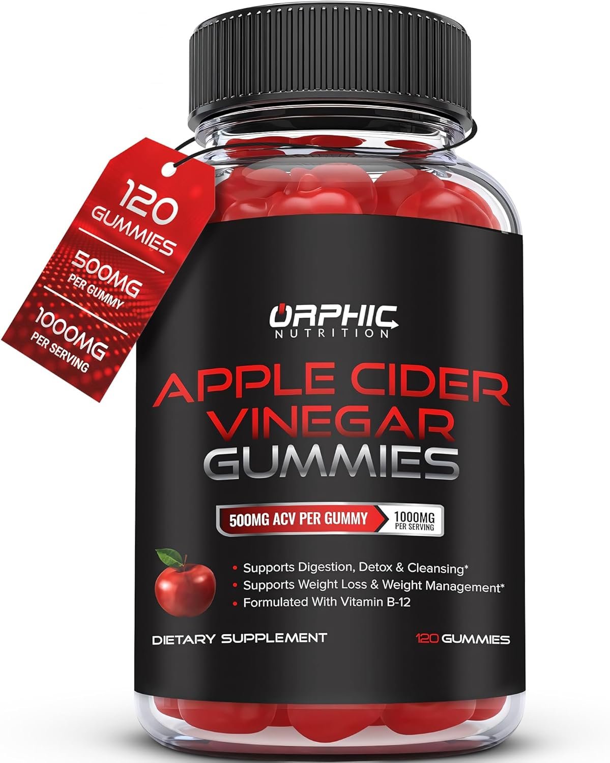 ORPHIC NUTRITION Apple Cider Vinegar Gummies 1000mg – Unfiltered ACV with Vitamin B12, Beetroot & Pomegranate (120 pcs)