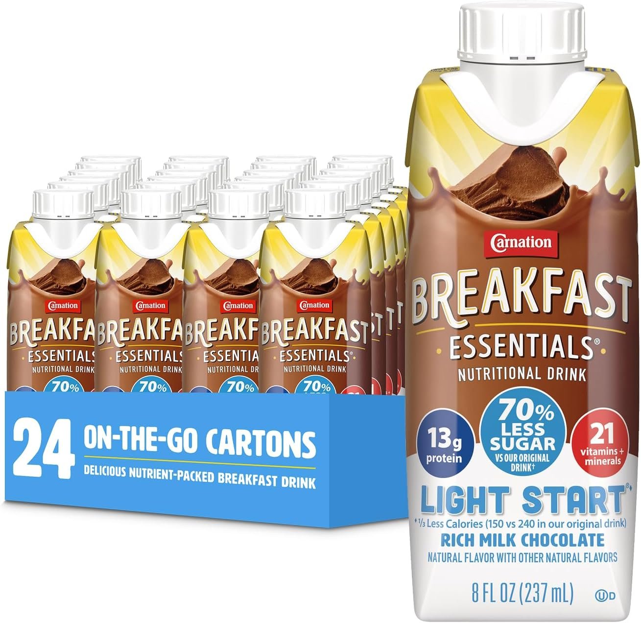 Carnation Breakfast Essentials Light Start Nutritional Drink, 13g Protein Ready-to-Drink, 70% Less Sugar, Immune Support, Vitamins, Gluten Free, Chocolate, 8 FL OZ Carton (24 Pack)