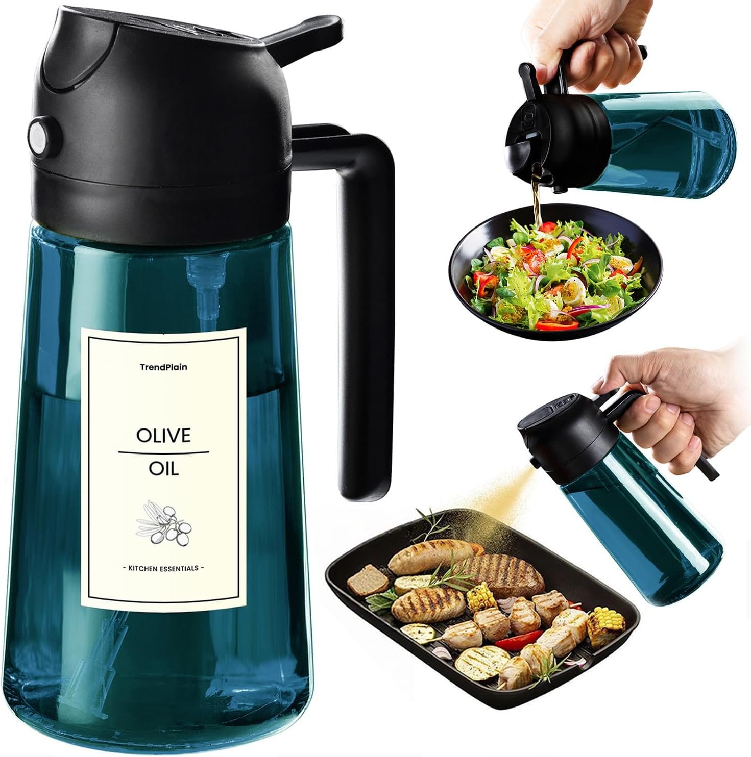 TrendPlain 16oz/470ml Blue Glass Olive Oil Sprayer for Cooking – 2 in 1 Olive Oil Dispenser for Kitchen Gadgets, Air Fryer, Salad, and BBQ – Black