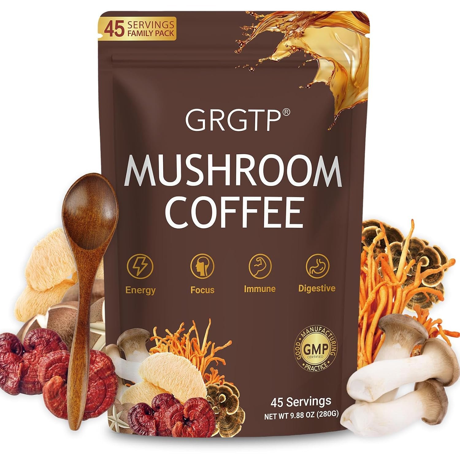 GRGTP Mushroom Coffee – Superfood Blend with 6 Adaptogens (Cordyceps, Lion’s Mane, Reishi Other) | Jitter-Free Energy, Enhanced Focus, Digestion & Immunity Support | 45 Servings, Vegan, Gluten Free, Non-GMO | Smooth Flavor