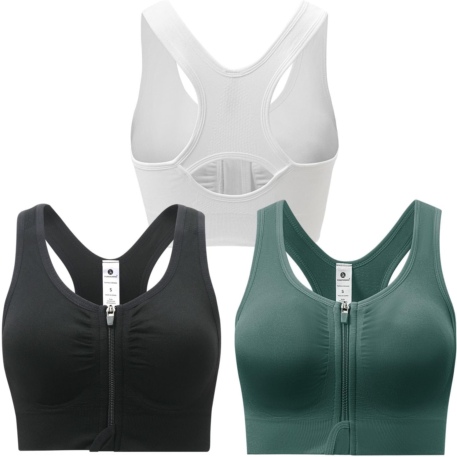 Zip Front Sports Bra for Women – Medium Support Racerback Workout Bra with Removable Pads & Double Hooks