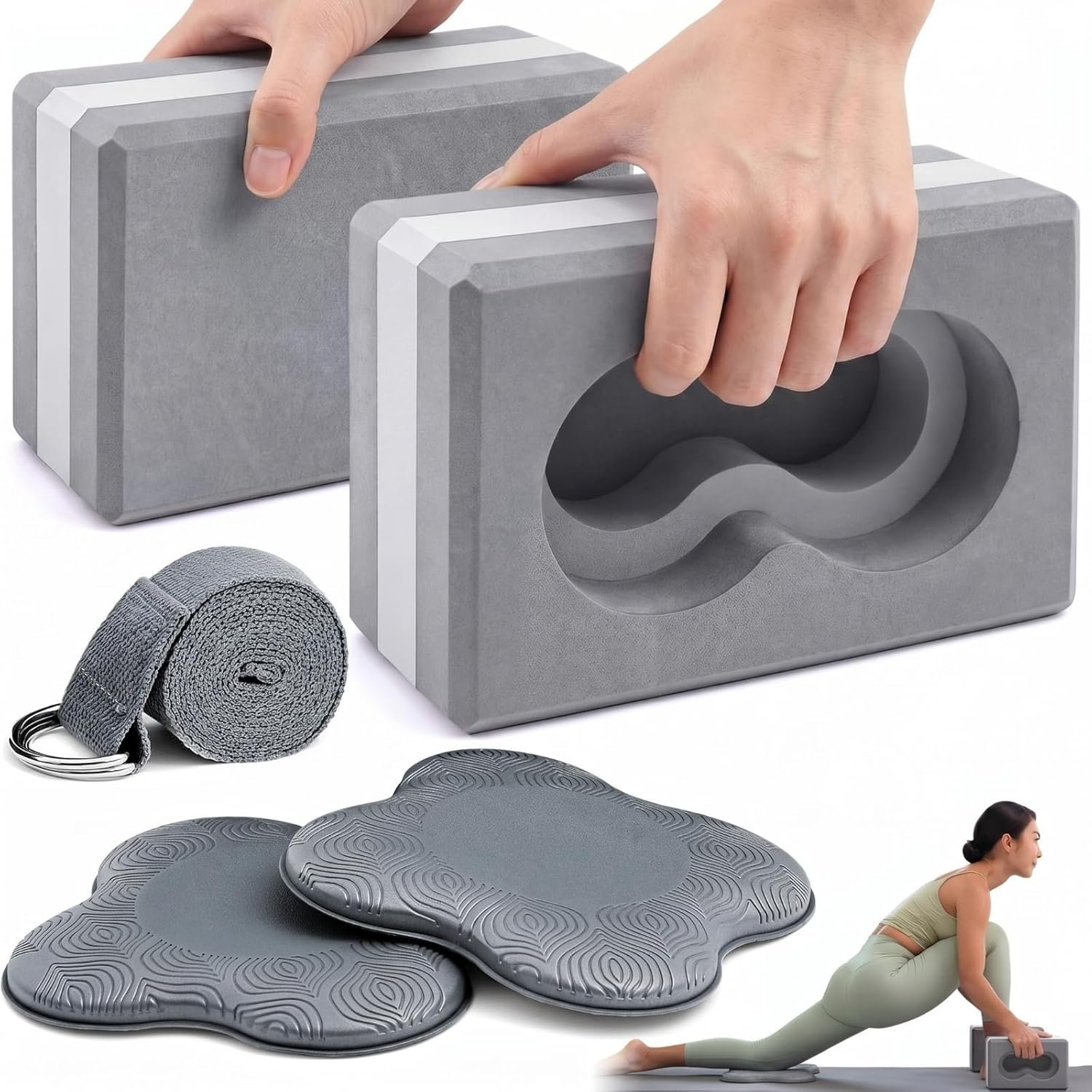 Yoga Blocks 2 Pack for Wrist Relief Yoga Blocks Wrist Support Set with Knee Pads and Strap Improve Comfort and Grip, Nonslip EVA Foam Pilates Exercise Balance Stretching Accessories Meditation