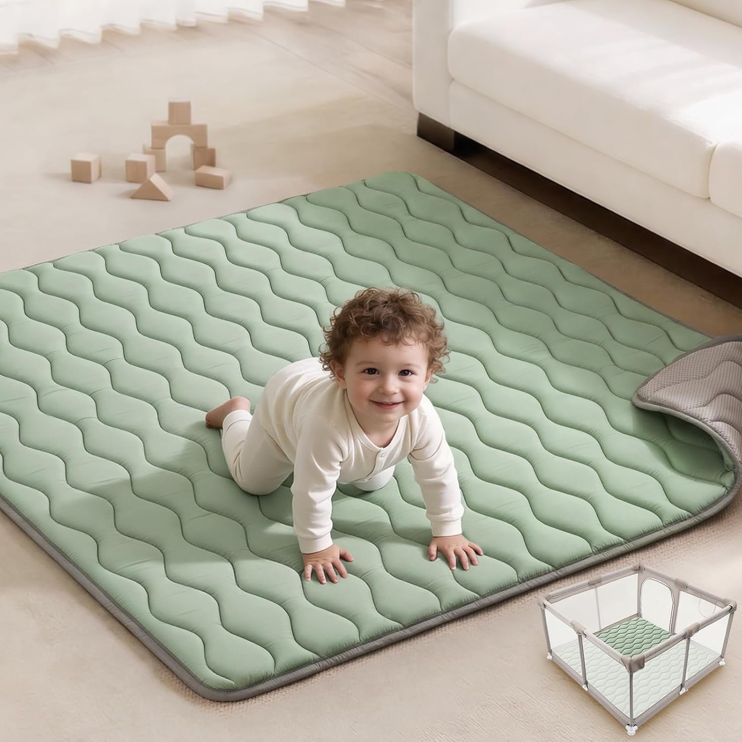 Blissful Diary Baby Play Mats for Floor, 50×50 Playpen Mat, Thick Cushioning Padding Foam Playmat for Baby and Toddlers Infants, Non-Slip & Machine Washable, Sage Green