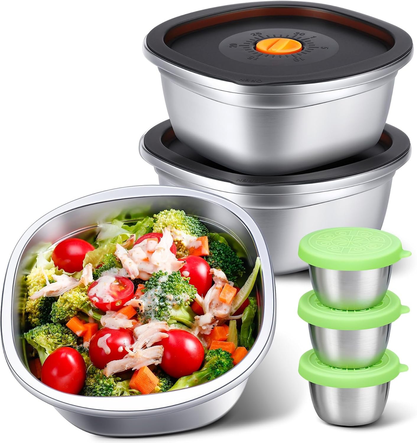 KTKUDY 3 Pack Stainless Steel Salad Bowls with Lids & Dressing Cups – 50 oz Leakproof Salad Containers for Meal Prep & Lunch To Go, Dishwasher Safe