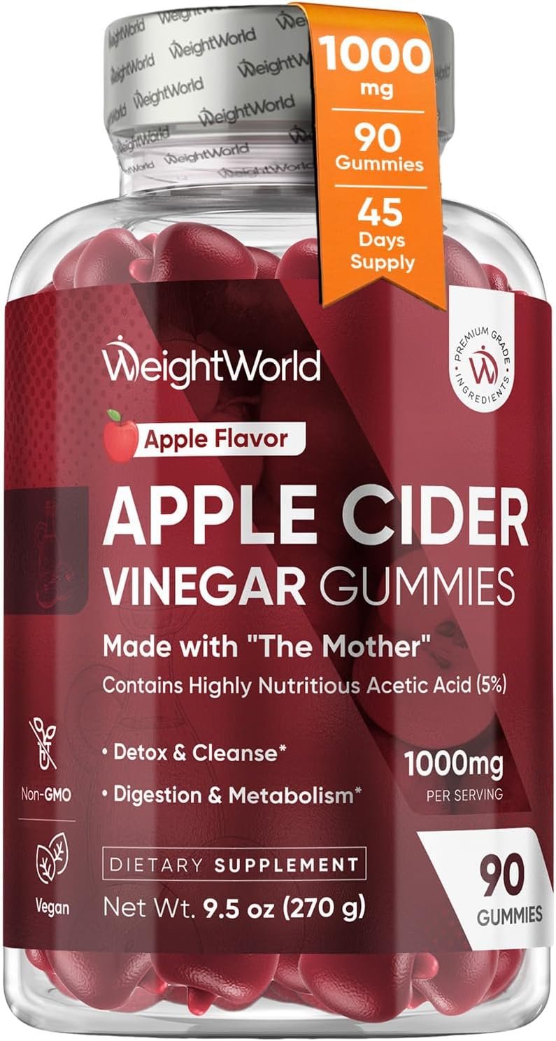 WeightWorld Apple Cider Vinegar Gummies 1000mg with The Mother + VIT C, B12-9-6, Beetroot | ACV Gummies – Digestion, Metabolism, Detox & Cleanse | Vegan Apple Cider Vinegar with Mother, 90 Count