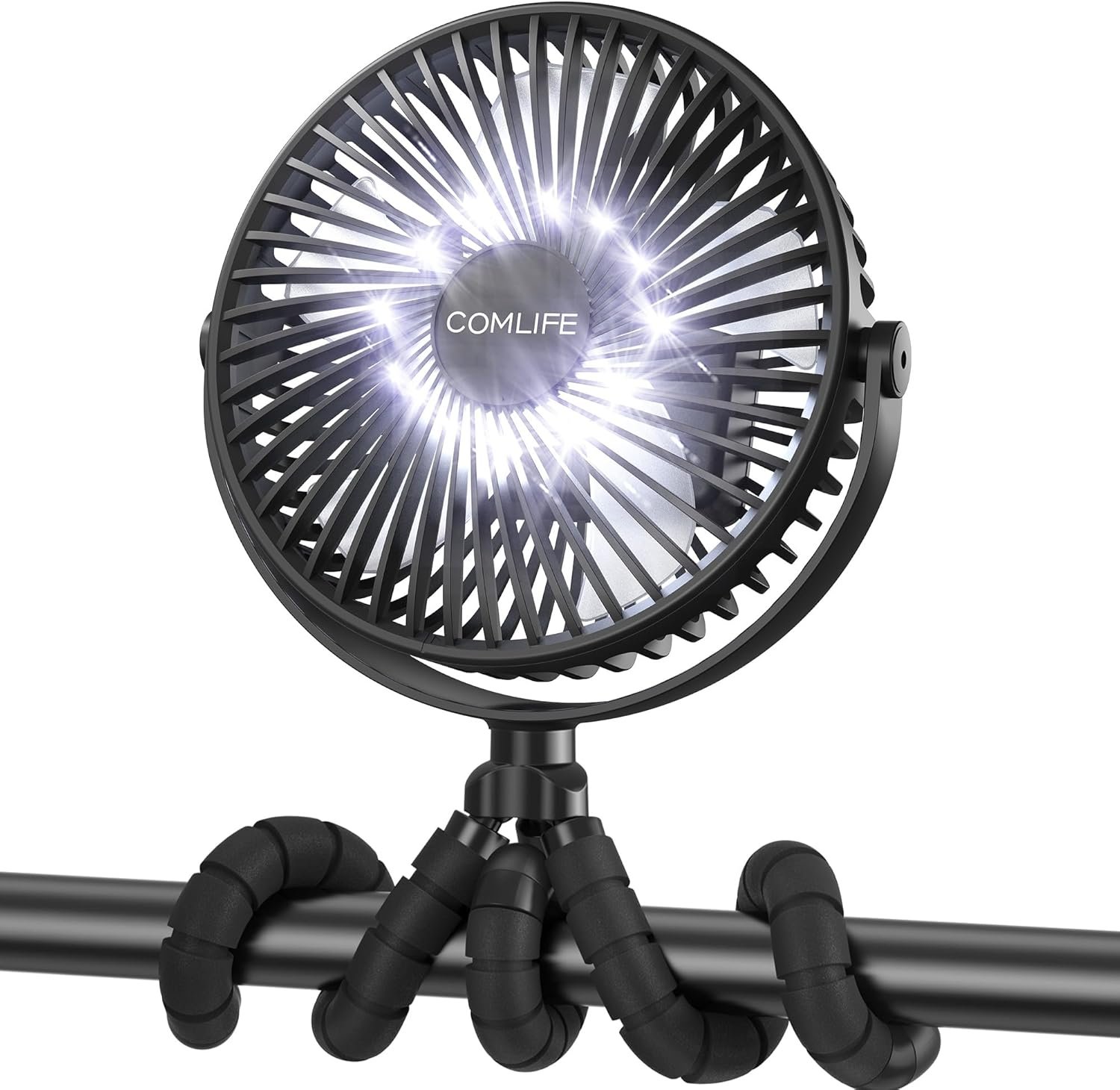 COMLIFE AMACOOL Baby Stroller Fan, 10000mAh Rechargeable, 50H Ultra-long Runtime, 3-Speed Portable Clip on Fan with LED Light, Timer, 360°Rotate Battery Operated Fans for Travel Car Seat Crib
