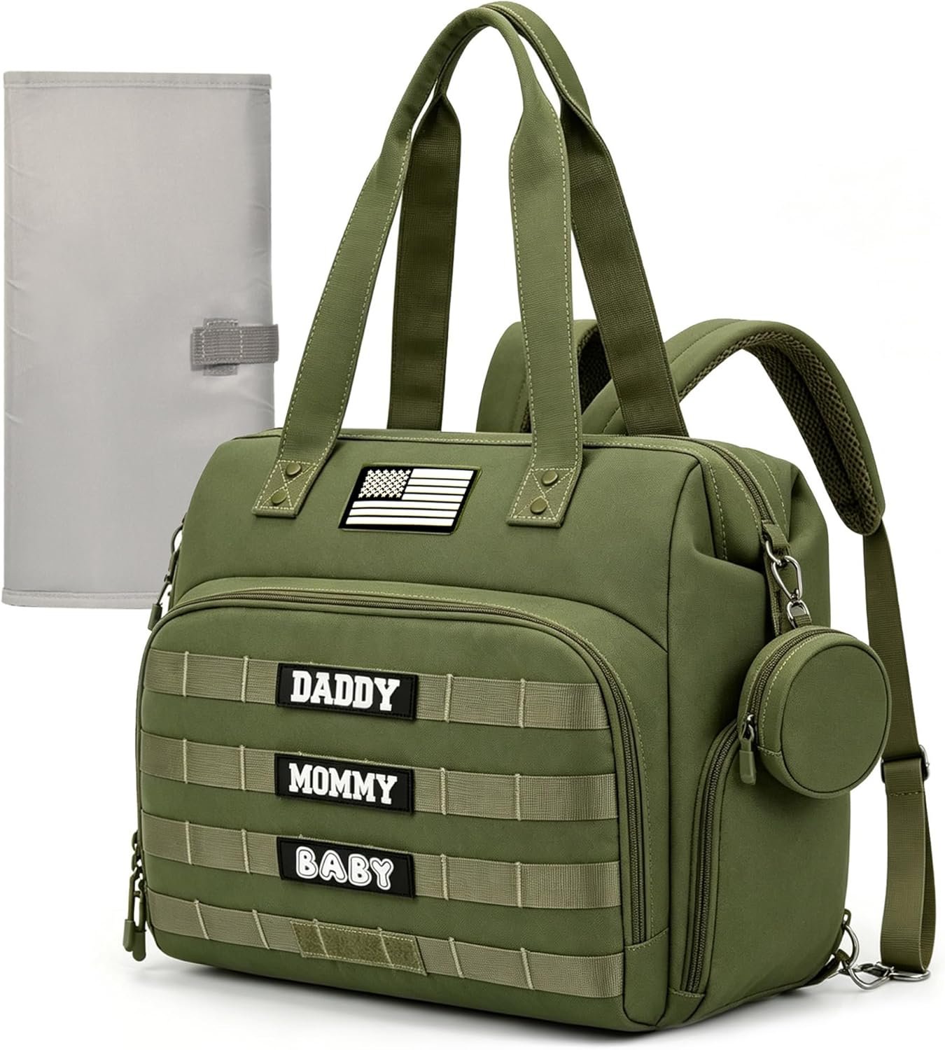 Tactical Diaper Bag for Dad with Free Changing Mat, 4‑in‑1 Convertible Large Olive Baby Backpack Handbag