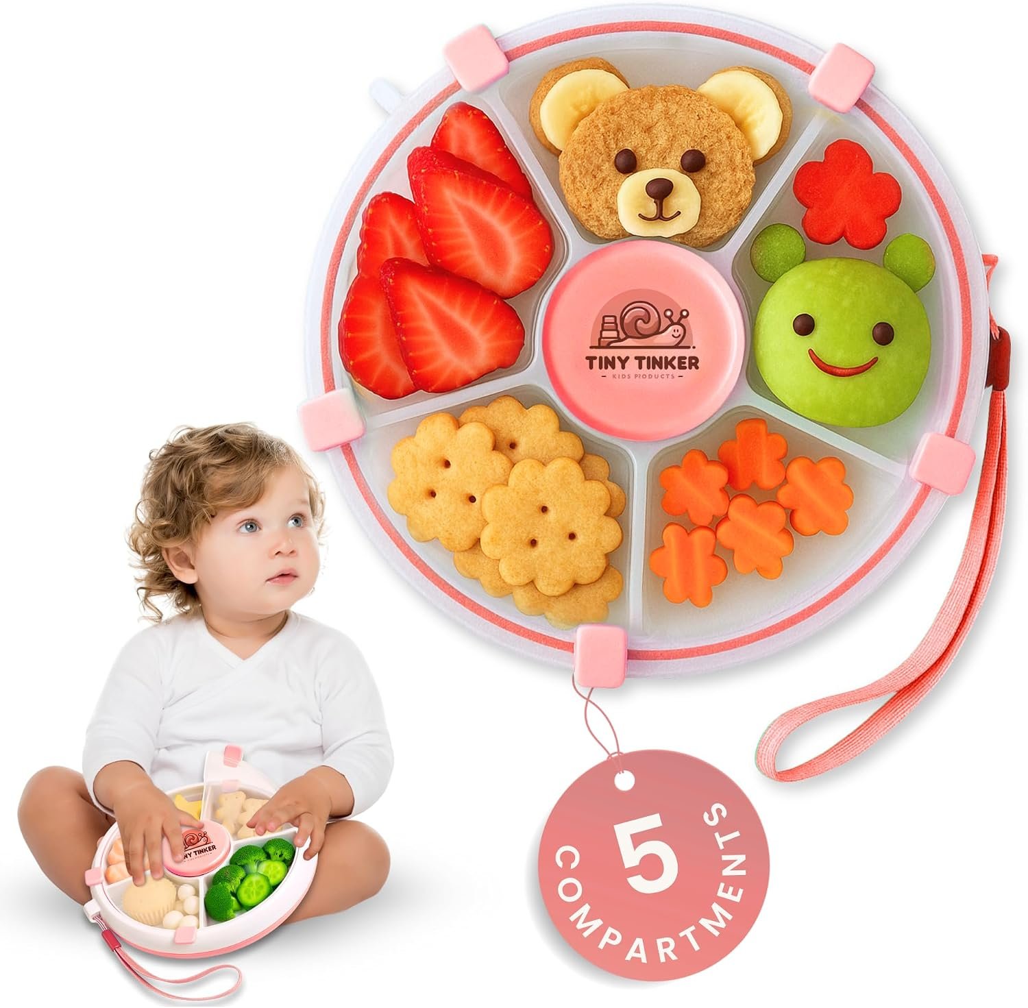 Snack Container for Toddlers with Lid, 5-Compartment BPA-Free Toddler Snack Spinner – Non Toxic, Leak-Proof, Easy Open, Dishwasher Safe Travel Snack Box for Toddlers (Pink)