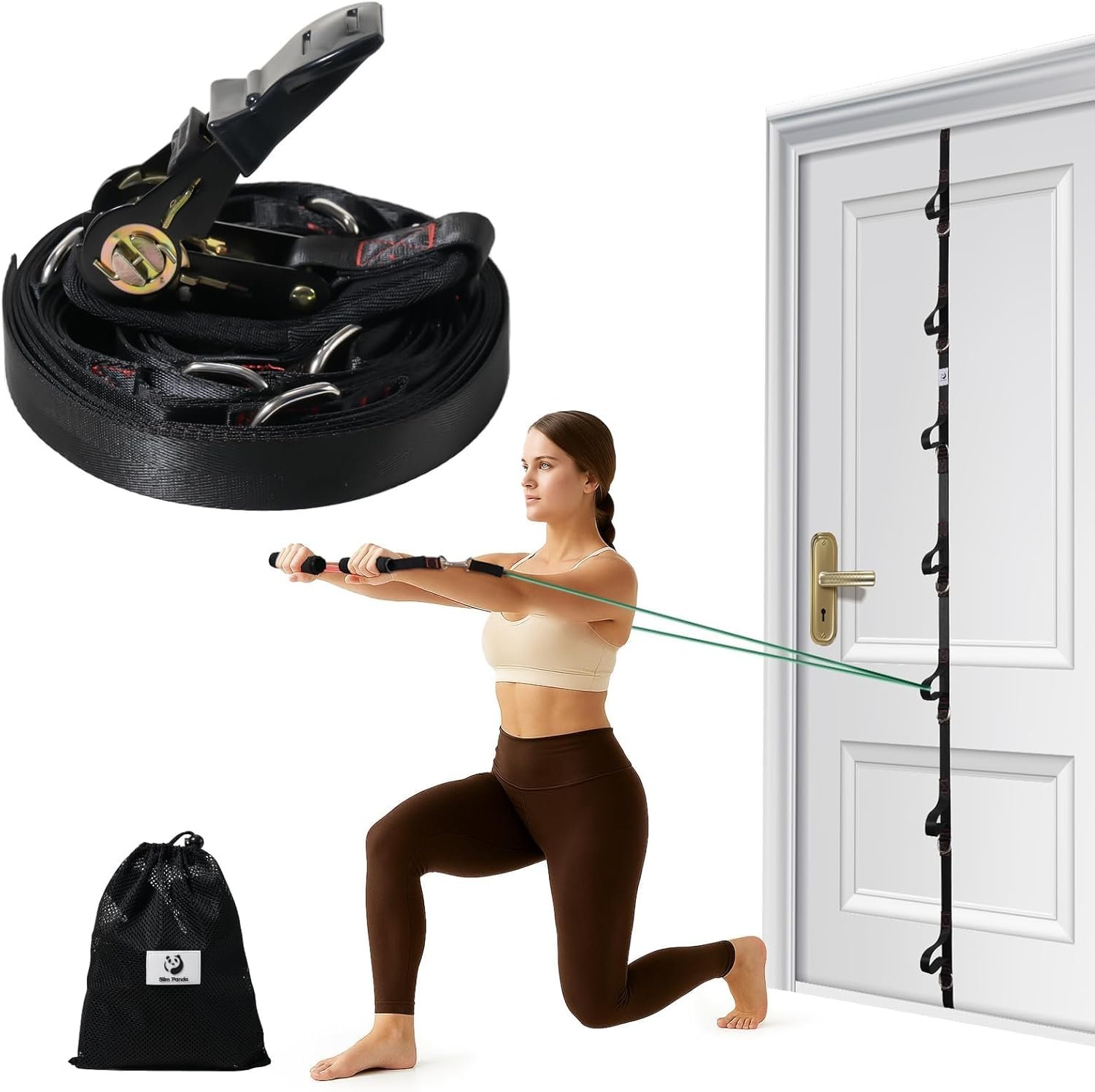 Slim Panda Door Anchor Strap for Resistance Bands, Door Exercise Equipment with Ratchet Adjust Tighten, Multi Point Anchor Gym Attachment, Portable Door Resistance Bands for Home Gym Workouts