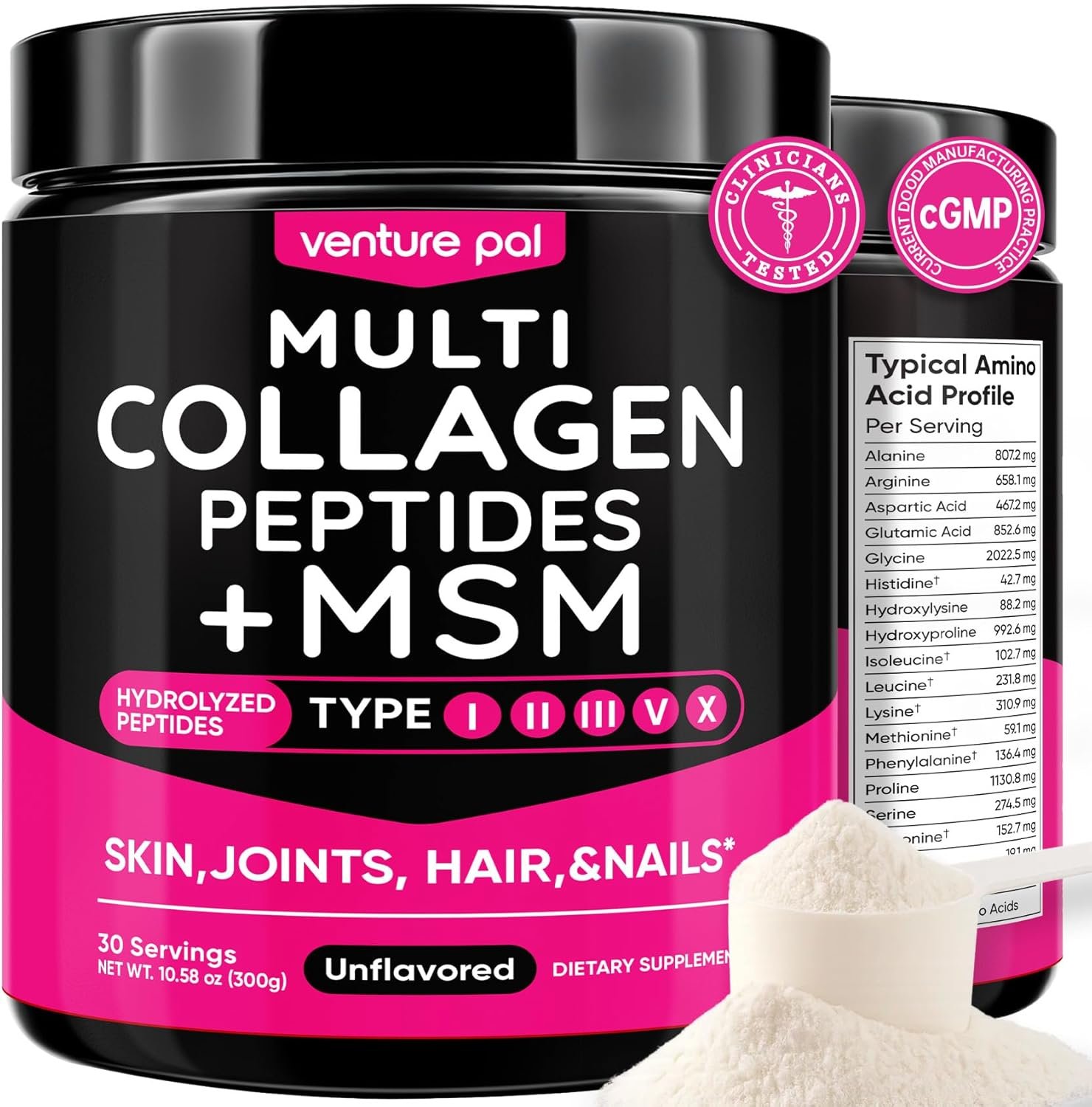Venture Pal Multi Collagen Protein Powder Type I, II, III, V, X – Hydrolyzed Collagen Peptides MSM, GC, Hyaluronic Acid Vitamin C | Collagen Supplement for Women | Joint, Hair, Skin & Nail Support