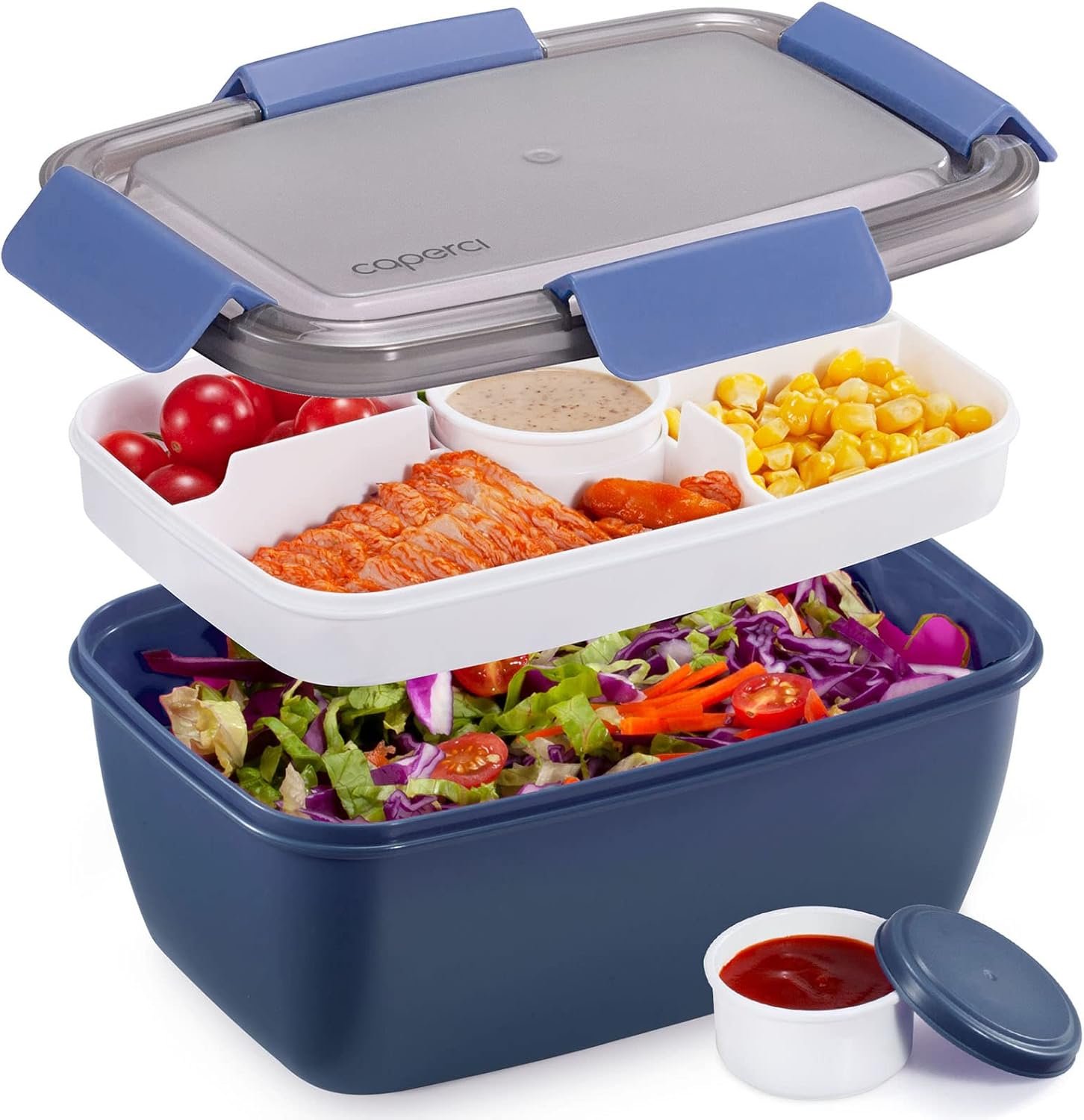 Caperci Large Salad Container Bowl for Lunch – Better Adult Bento Lunch Box 68 oz, 5-Compartment Tray, 2pcs 3-oz Sauce Cups, Stackable, BPA-Free (Navy)