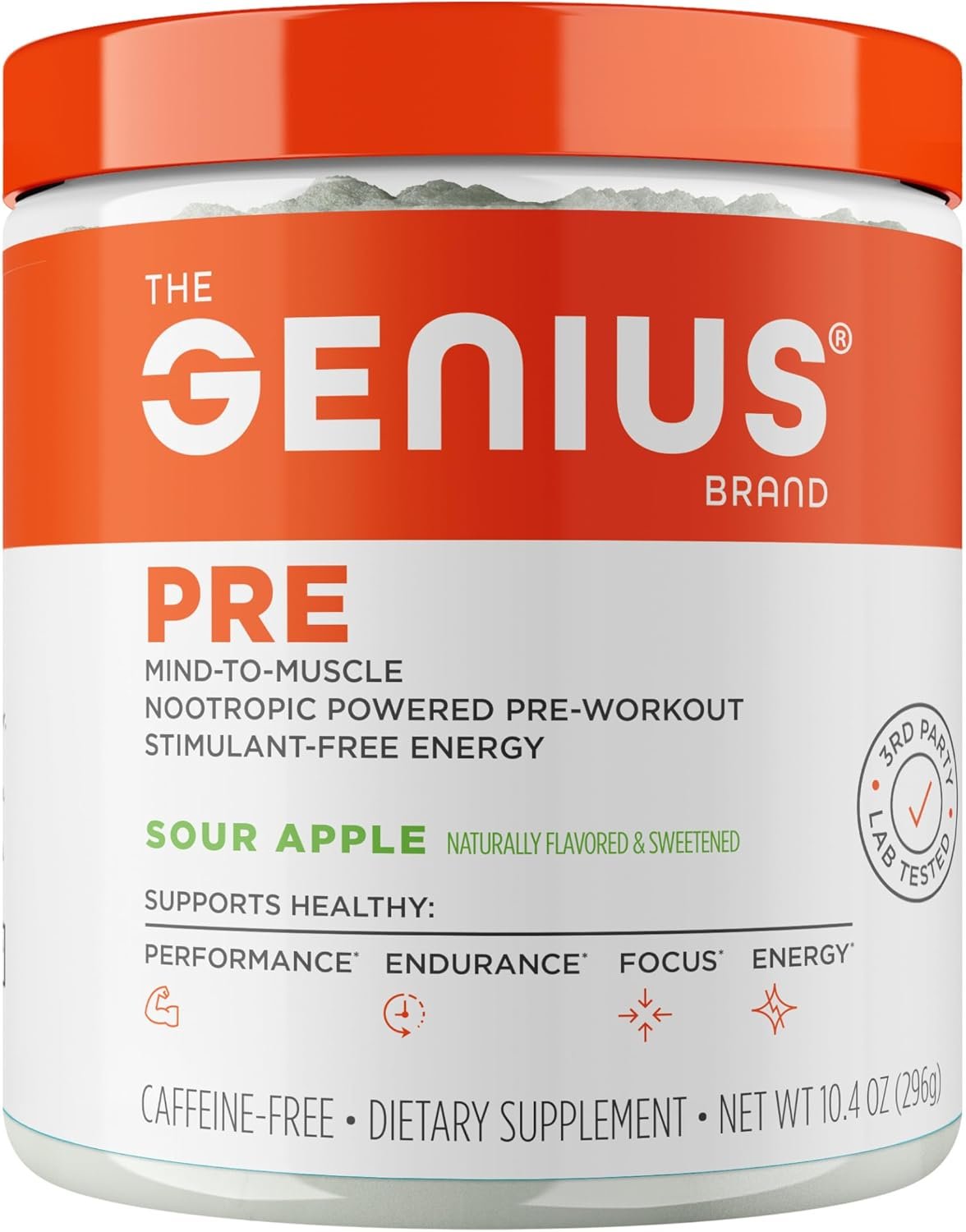 Genius Pre Workout Powder, Sour Apple – All-Natural Nootropic Pre-Workout & Caffeine-Free Nitric Oxide Booster Supplement with Beta Alanine & Alpha GPC – No Artificial Flavors, Sweeteners, or Dyes