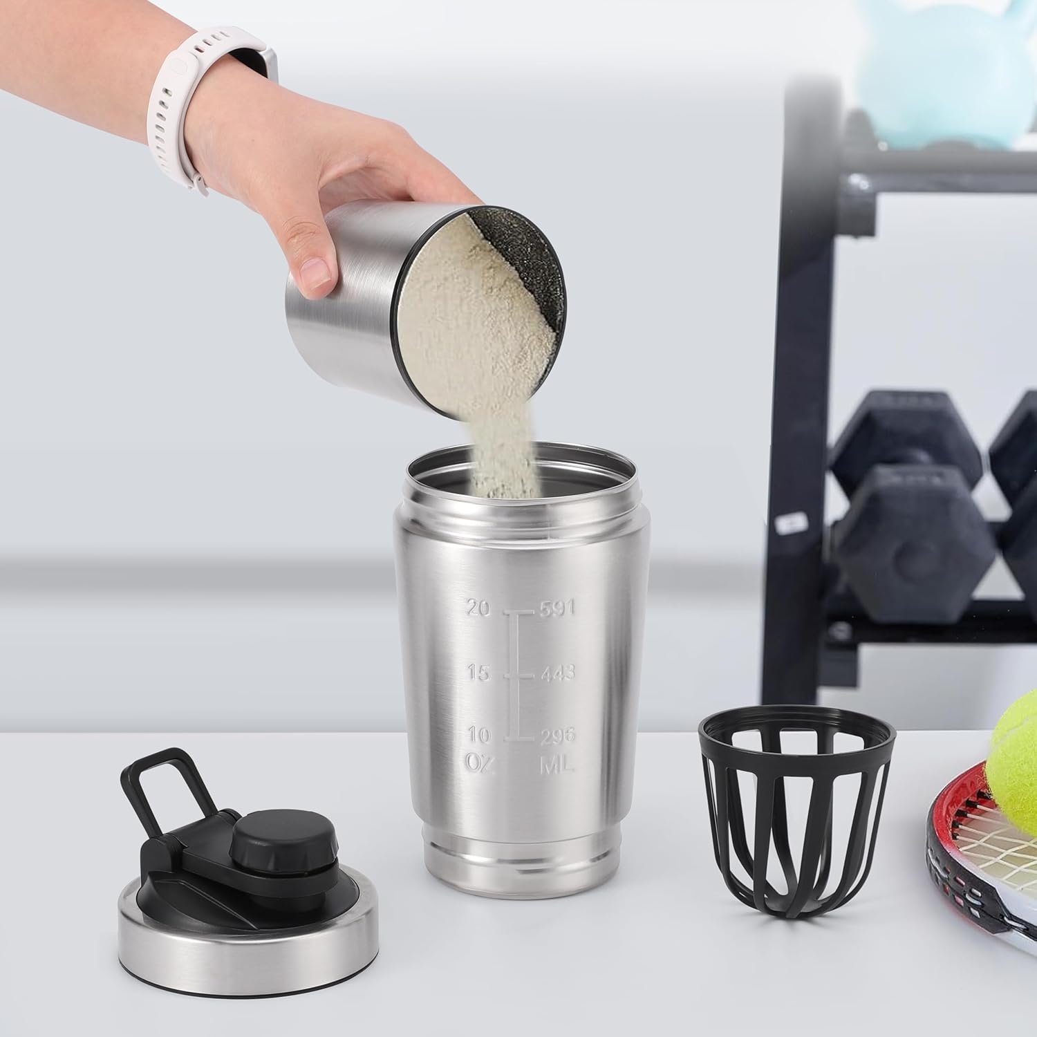 304 Stainless Steel Protein Mixer Cup, Single Layer with Bottom Powder Storage, 2 Sections, Detachable Strainer, Easy-Carry Handle, [27oz]