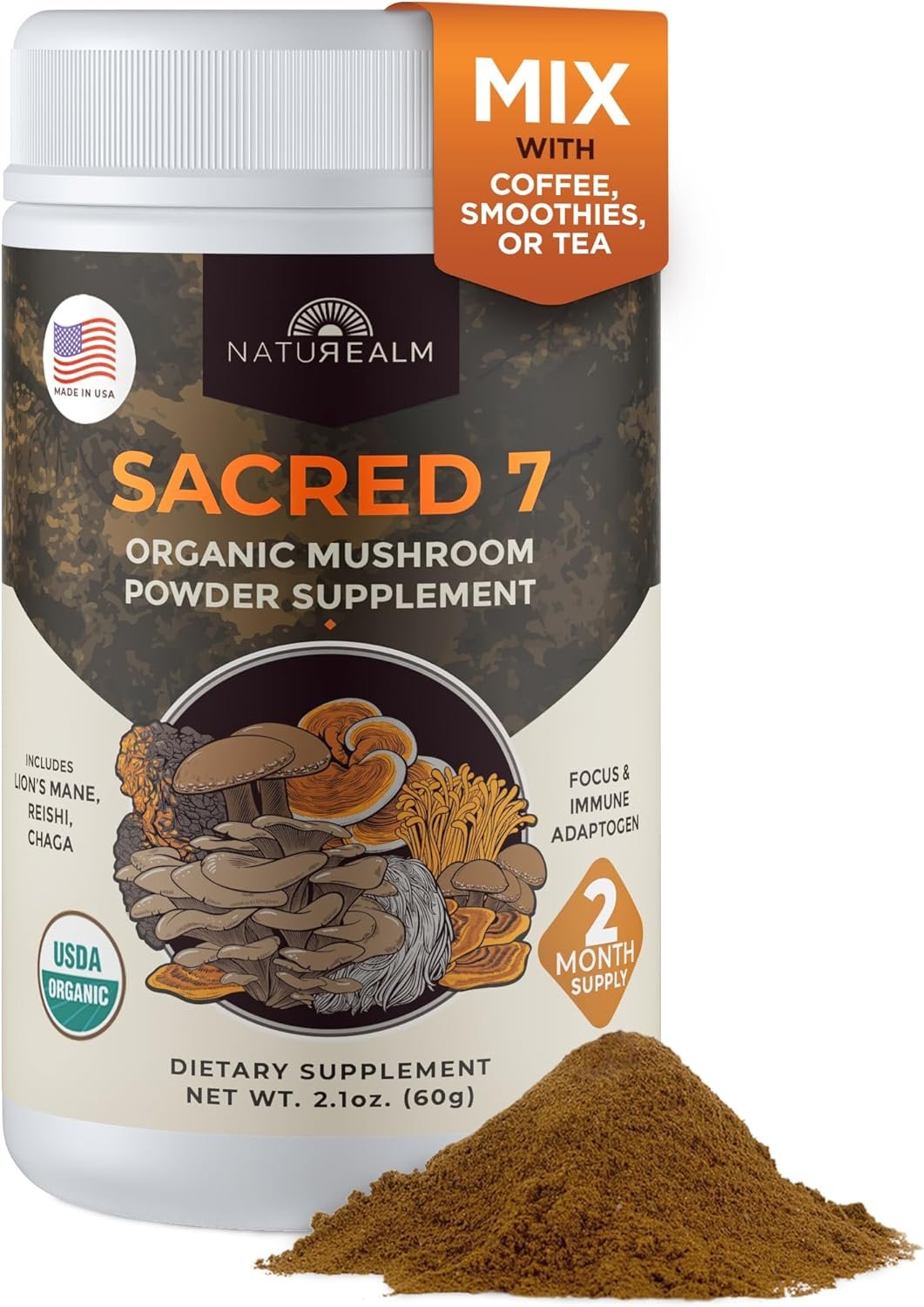 Naturealm Sacred 7 Organic Mushroom Powder Supplement | 60-Day Supply | 7-in-1 Blend with Lions Mane, Reishi, Chaga | Brain & Immune Support | 100% Fruiting Bodies for Coffee & Smoothies
