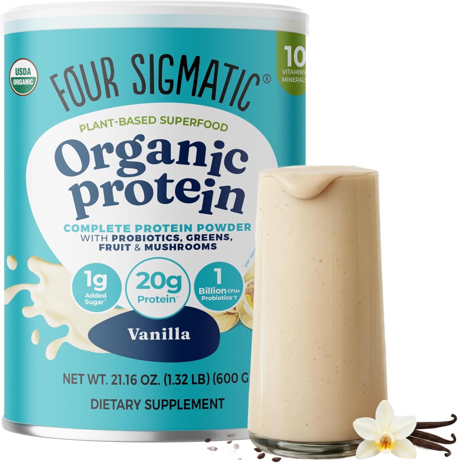 Four Sigmatic Organic Vegan Protein Powder | 18g Plant-Based Protein per Serving | Gluten Free, Dairy Free, Soy Free, Non-GMO with No Filler Ingredients | 21.16oz, 15 Servings | Vanilla