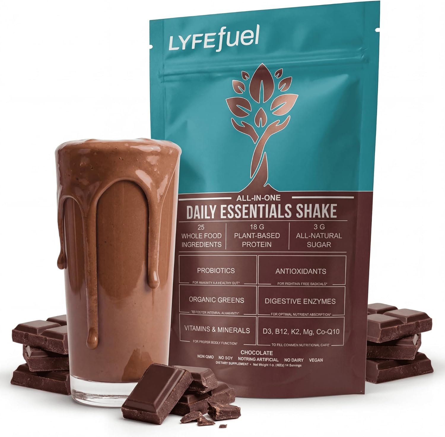 LyfeFuel Nutrition Shake & Meal Replacement – 18g Plant Based Protein Powder, 50+ Organic Superfoods, 27 Vitamins & Minerals, Low Carb, Low Sugar, Vegan, Dairy & Gluten Free | 24 Servings (Chocolate)