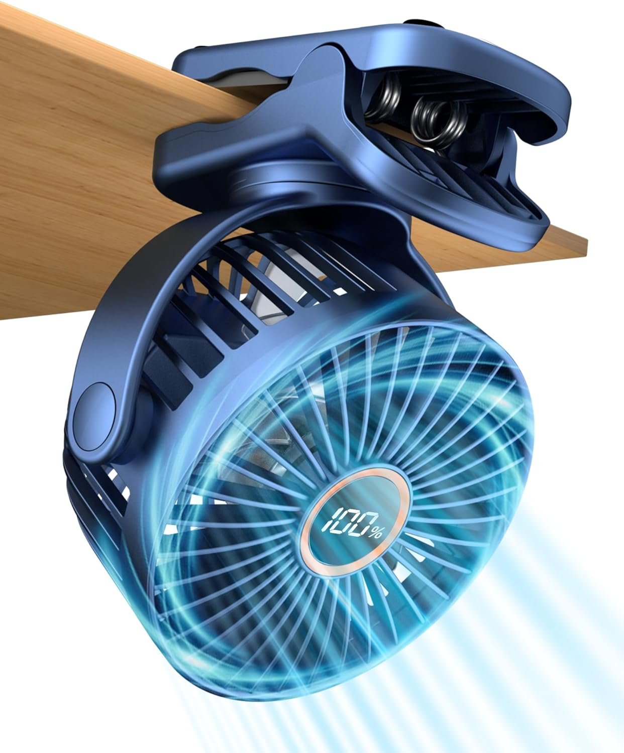 buywoo Portable Mini Personal Fan, Small Rechargeable Battery Powered Stroller Fan for Desk, Strong Clamp Grip, 360° Rotation, 3-Speed, LED Display, Clip On Cooler for Bed, Golf Cart, Office, Blue