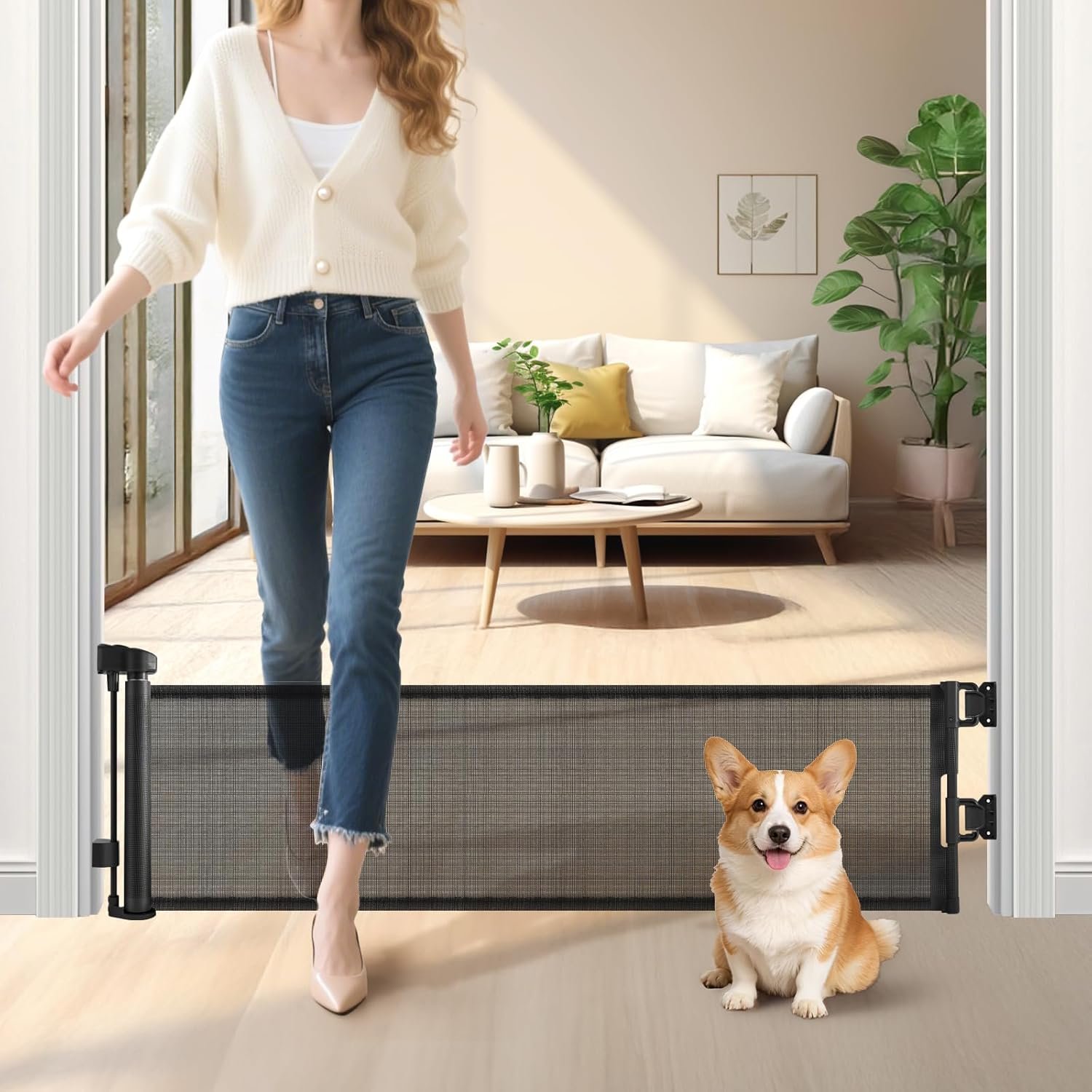 Retractable Short Dog Gate – Small Puppy Mesh Safety Pet to Step Over Gates Doggy Door for Doorways Stairs Kitchen Hallways Indoor, 14″ Tall, Extends up to 55″ Wide, Black