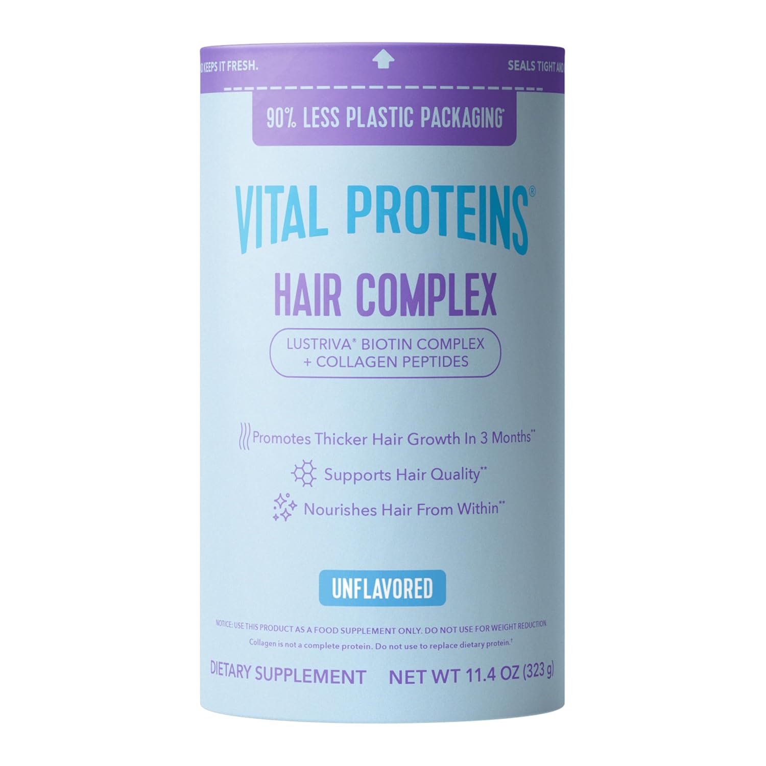 Vital Proteins Collagen Peptides + Biotin 10000mcg Hair Complex, Hair Growth Supplement – Clinically Studied Lustriva to Promote Thicker Fuller Hair, 20g Unflavored Collagen for Women 11.4oz Powder