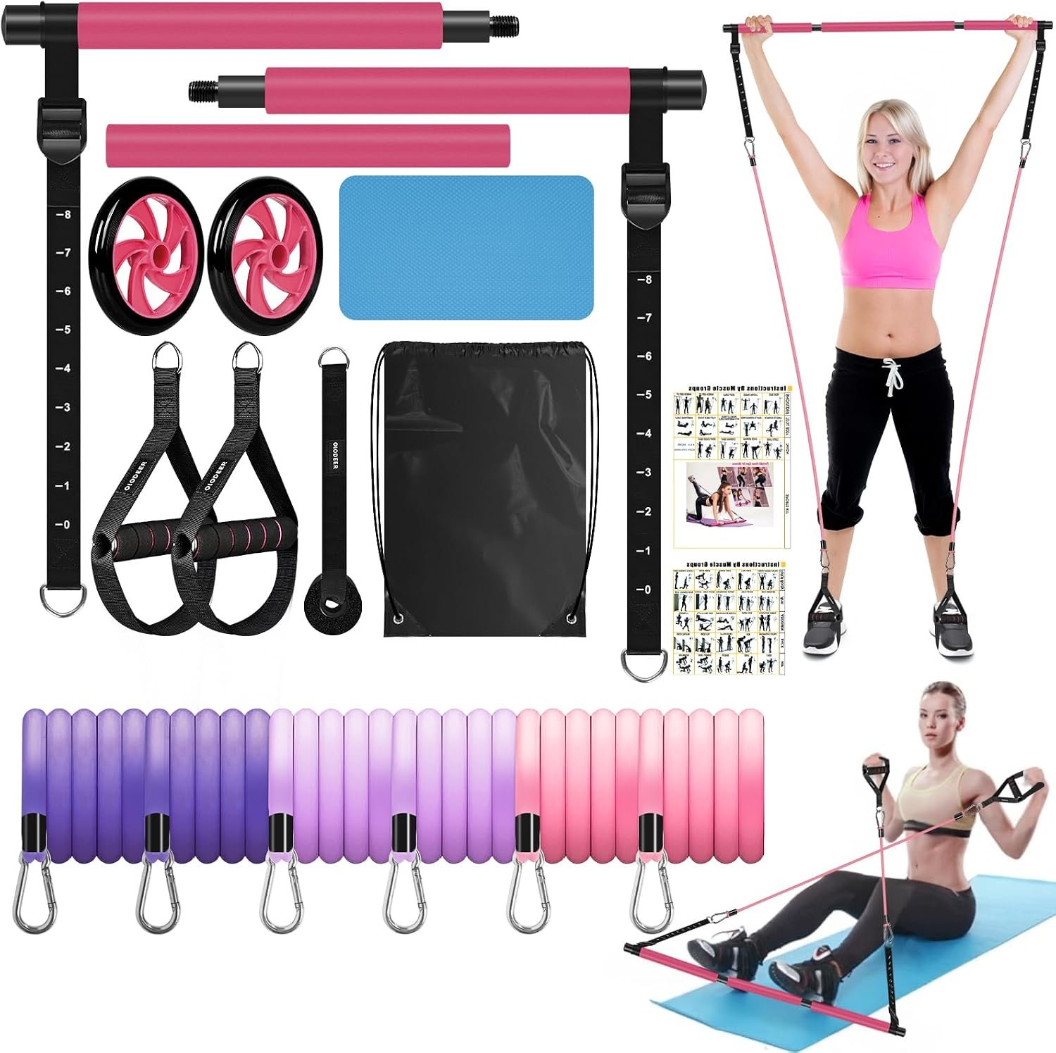 Pilates Bar Kit with Resistance Bands, Olodeer Pilates Reformer Exercise Bar with Ab Roller at Home Workout Equipment, Pilates Bar Set for Full Body Training Women & Men