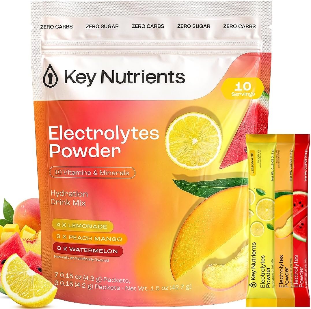 KEY NUTRIENTS Electrolytes Powder Packets – Variety Pack – Sugar Free Hydration Drink Mix – Keto Electrolytes Hydration Packets – Improved Refreshing Taste Lemonade, Peach Mango & Watermelon – 10 Pack