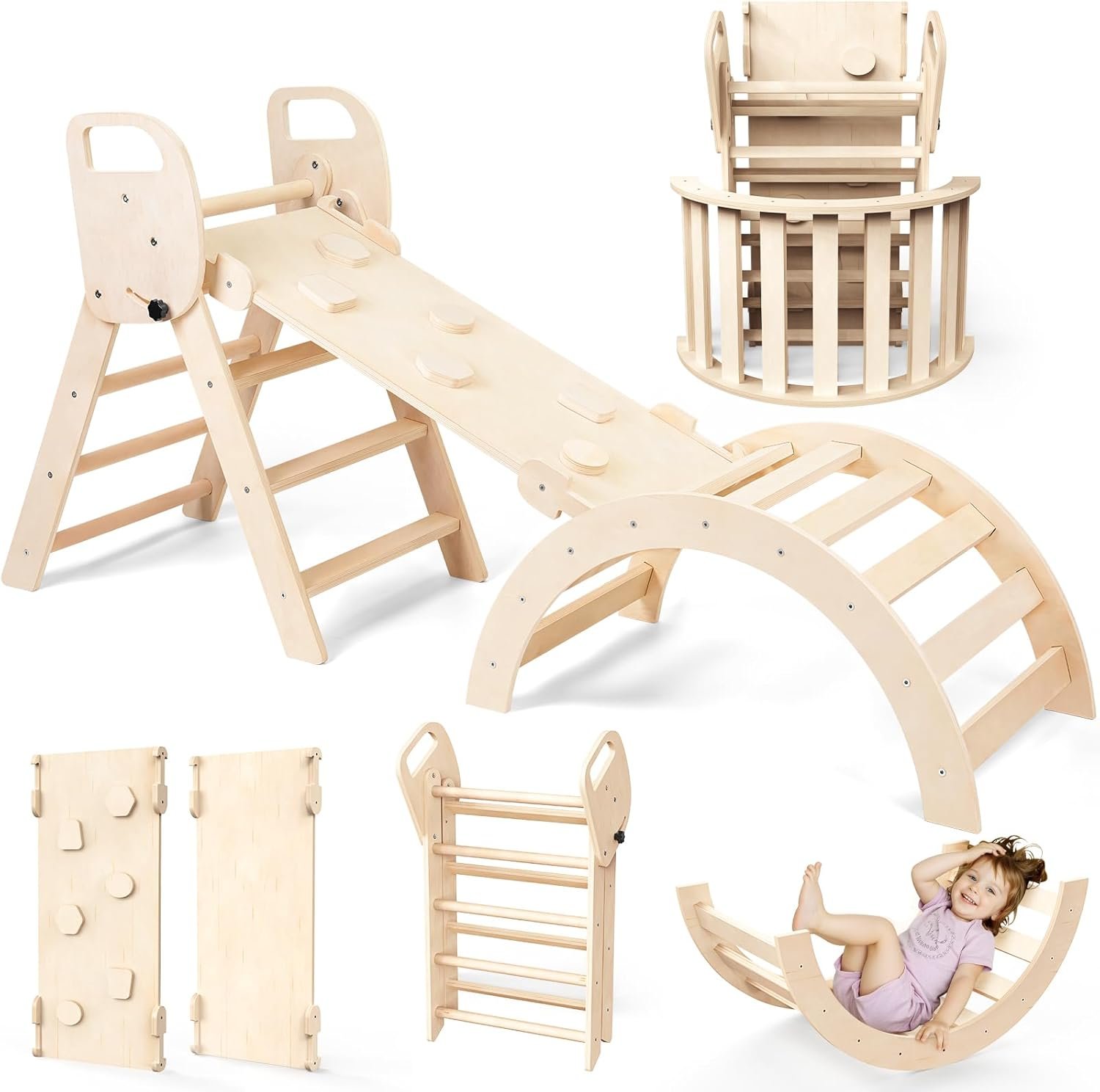 Norbee Pikler Triangle Set Foldable Wooden Toddler Climbing Toys Indoor, Playground Jungle Gym for Kids, Montessori Climbing Set for Toddlers